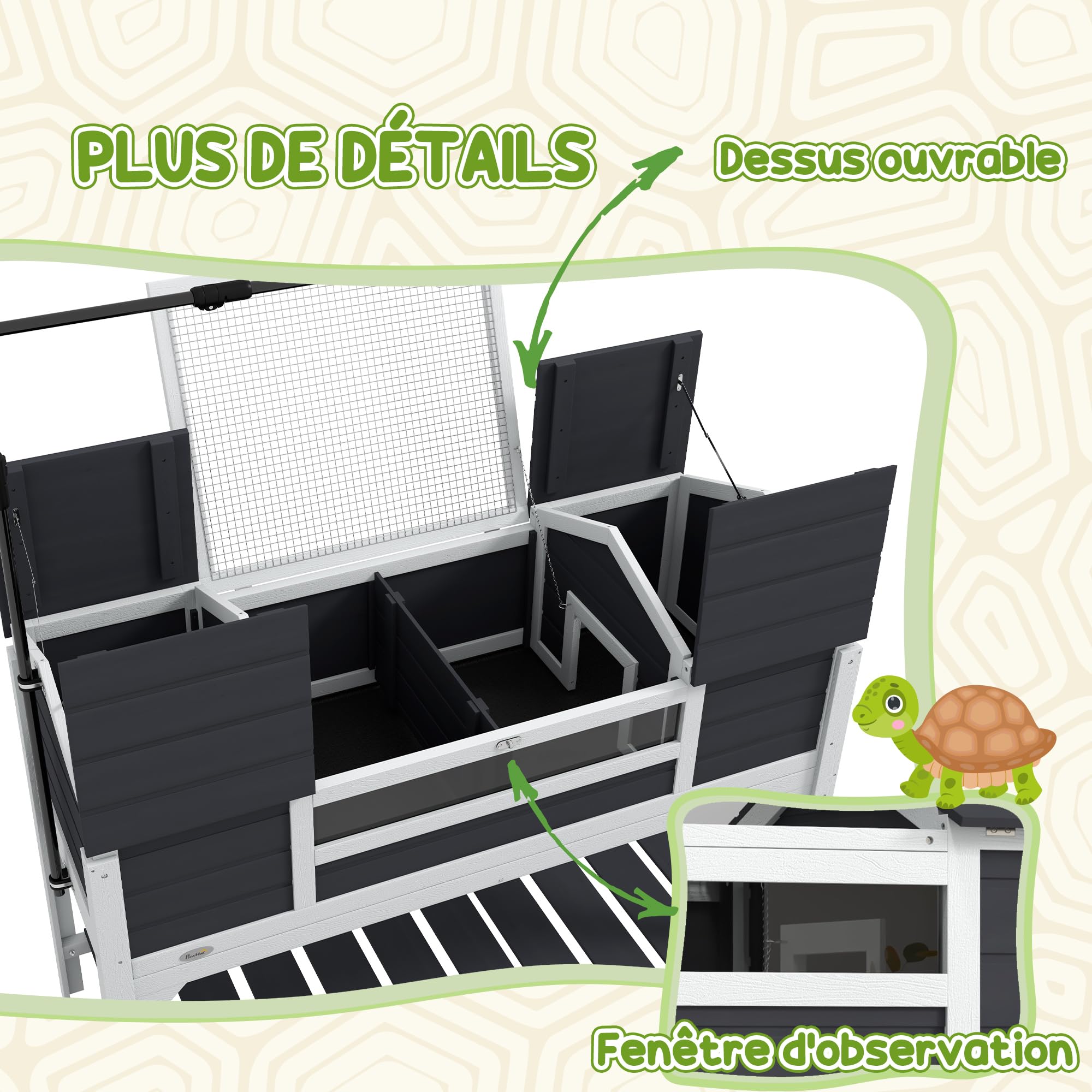 PawHut Tortuguera de Exterior, tortuguera de Madera, 2 nichos, portalámparas Ajustable, Techo practicable, Jaula para Tortugas terrestres, Ventana acrílica Transparente, Gris