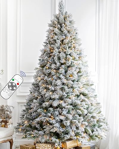 Vista 8 de Árbol de Navidad artificial de 1.8 m con nieve esmerilada preiluminada, árbol de Navidad artificial con 250 luces LED que cambian de color cálido