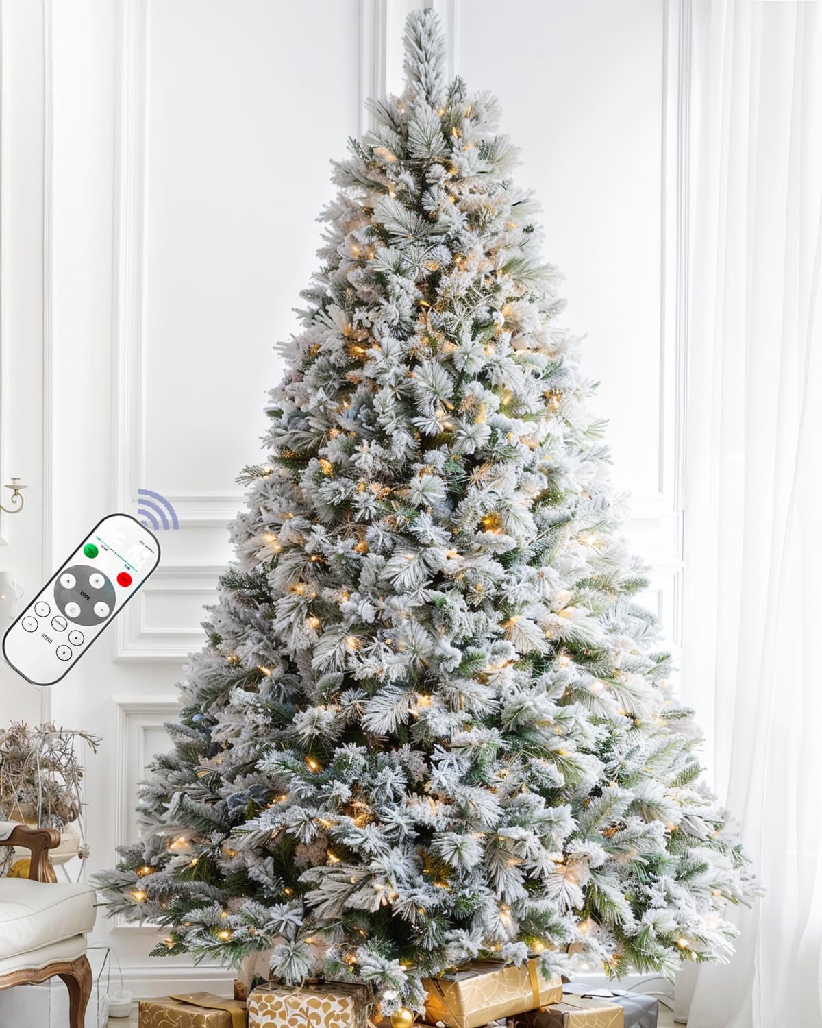6FT Pre-lit Snow Flocked Christmas Tree Spruce with Remote Control, 350 Warm White Multi-Color Lights, Artificial Hinged/Feel Real/Realistic for Home, Holiday Decoration Dual Color LED