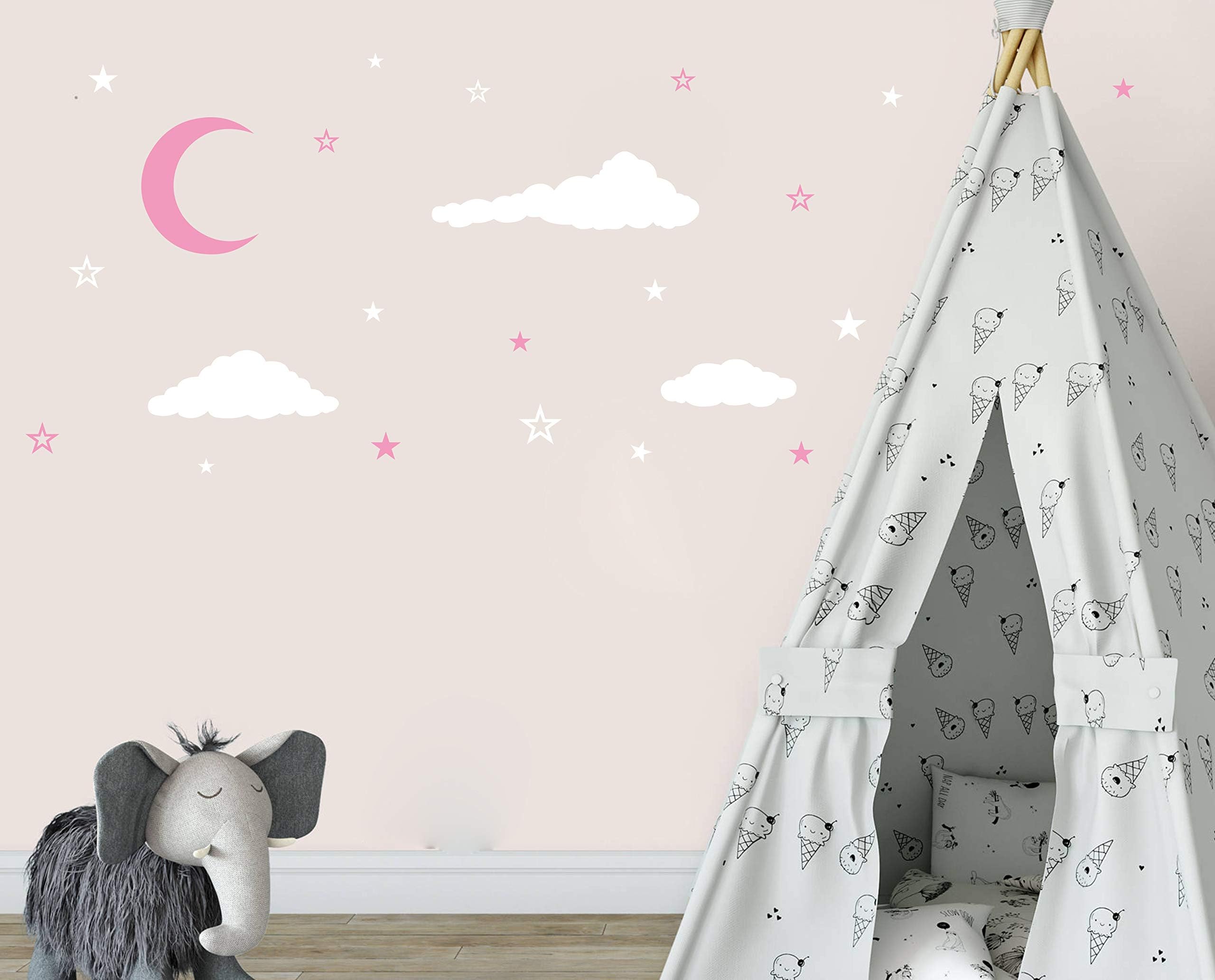Moon, Stars and Clouds Wall Decals, Kids Wall Decoration, Nursery Wall Decal, Wall Decal for Nursery, Vinyl Wall Stickers for Children Baby Kids Boys Girls Bedroom(Y08) (White,Pink)