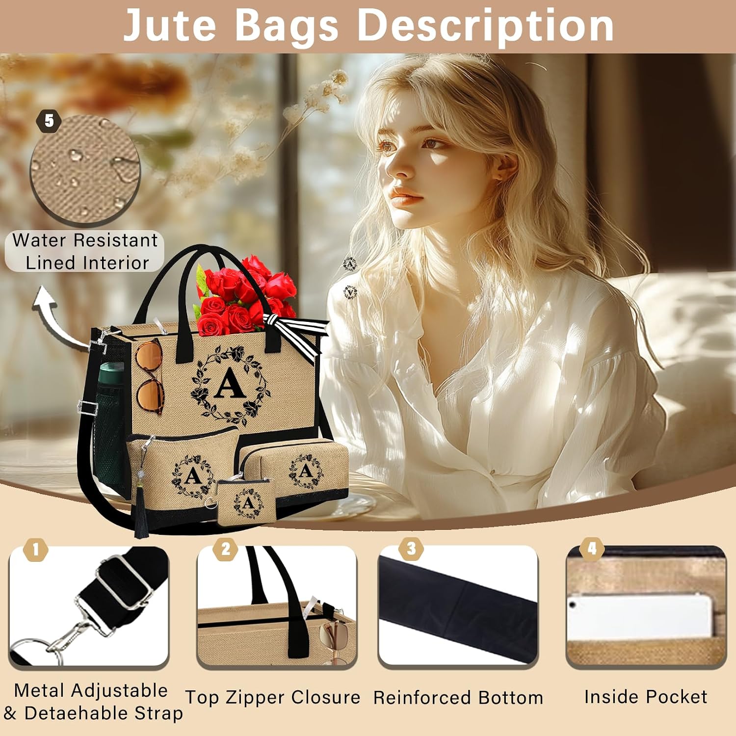 Monogram Initial Tote Bags for Women, 4Pc Personalized Jute Bag, Double-sided Embroidery Monogrammed Birthday Gifts