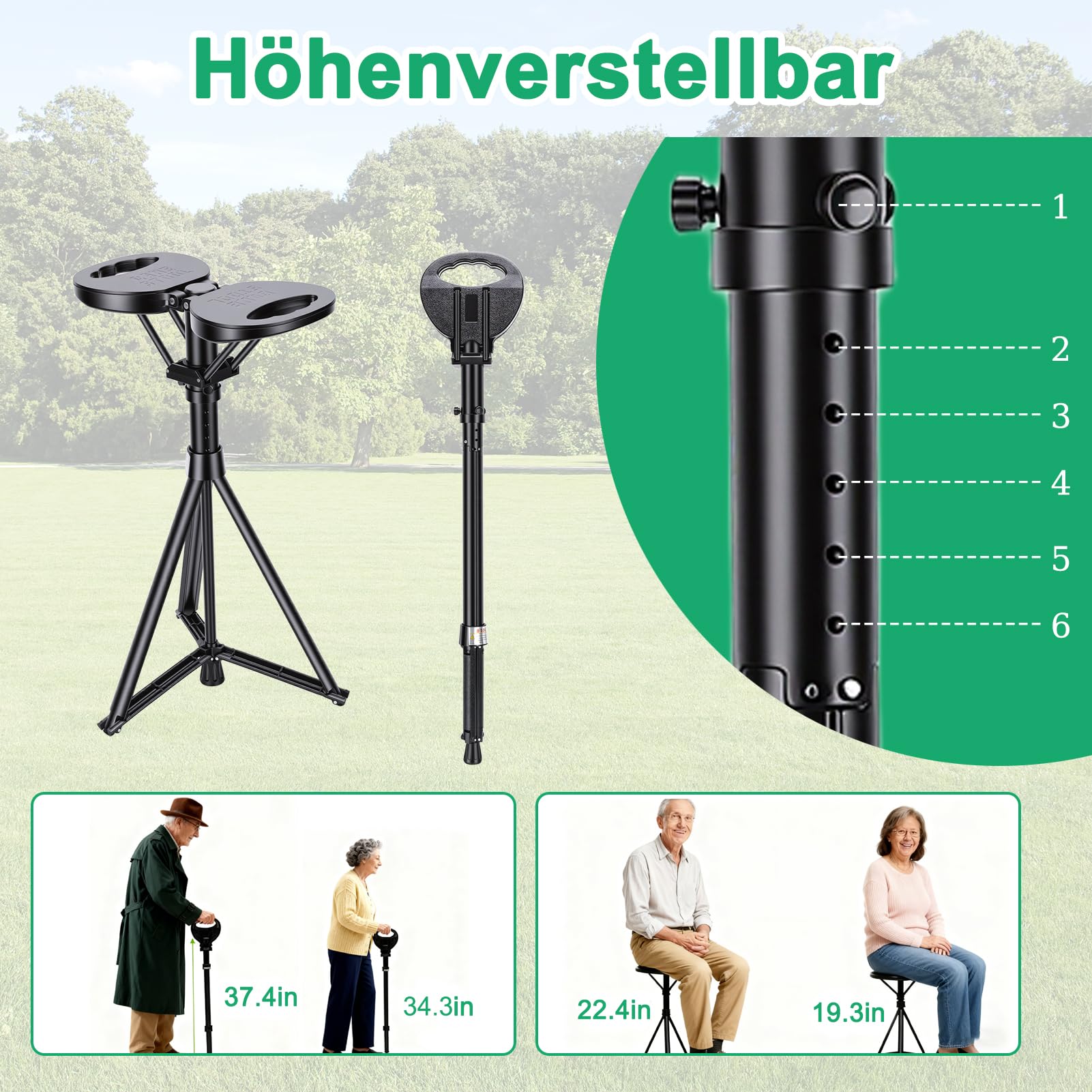 Gehstock mit Sitz, Tragbarer Klappstock mit Kissen und Tragetasche für Senioren und Erwachsene, Verstellbarer Wanderkanalstuhl mit Sitzkapazität 250kg für Outdoor Reisen, Camping, Wandern