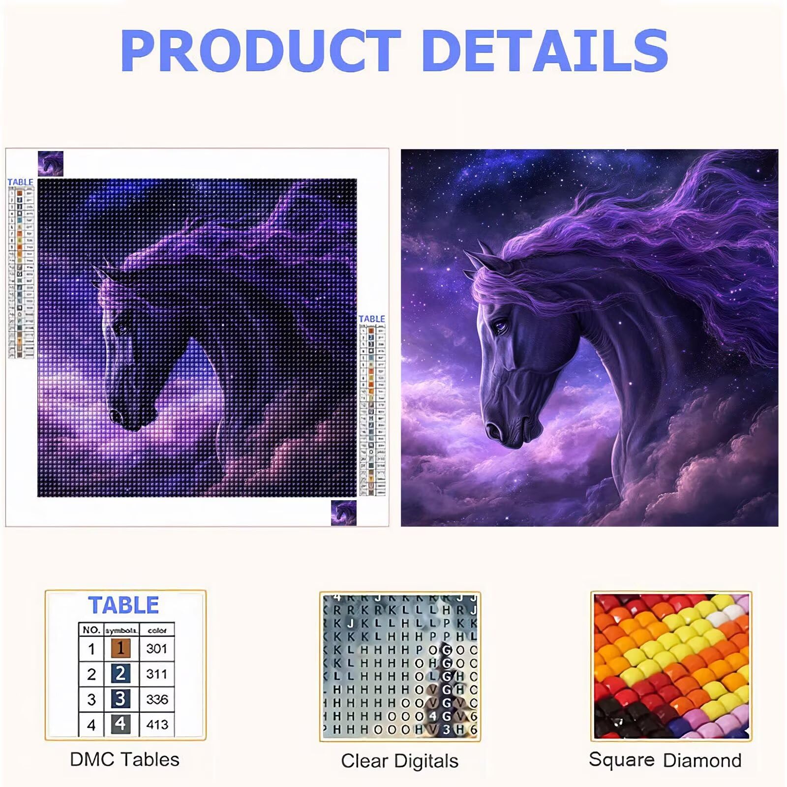 5D Diamond Painting Kit Complet, Diamond Painting Enfant Cheval Plein Foret Peinture Diamant Ciel étoilé pour Adulte Débutant, Activité Manuelle Cristal Art Kit pour Décoration Murale 80x80cm FX#847