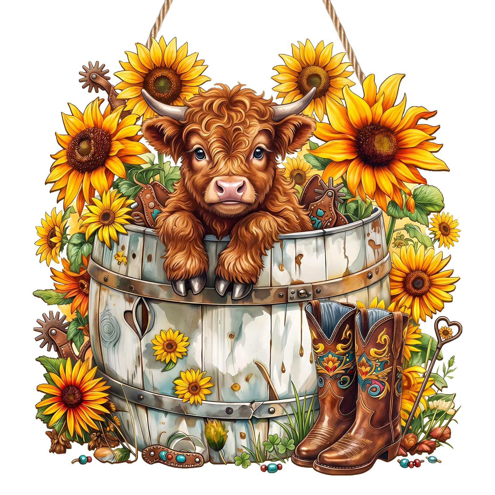 Highland Cow Sun Catchers for Windows, Sunflower Stained Glass Style Suncatcher, 2D Flat Hanging Ornament, Rustic Acrylic Sun Catcher for Garden, Patio & Balcony, Highland Cow Gifts for Cows Lover