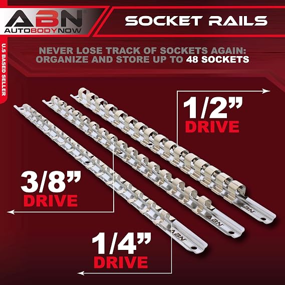 ABN Metal Socket Organizer Tray - 3pc Set 1/4in, 3/8in, 1/2in Drive Socket Tray & Clips