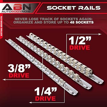 ABN Metal Socket Organizer Tray - 3pc Set 1/4in, 3/8in, 1/2in Drive Socket Tray & Clips