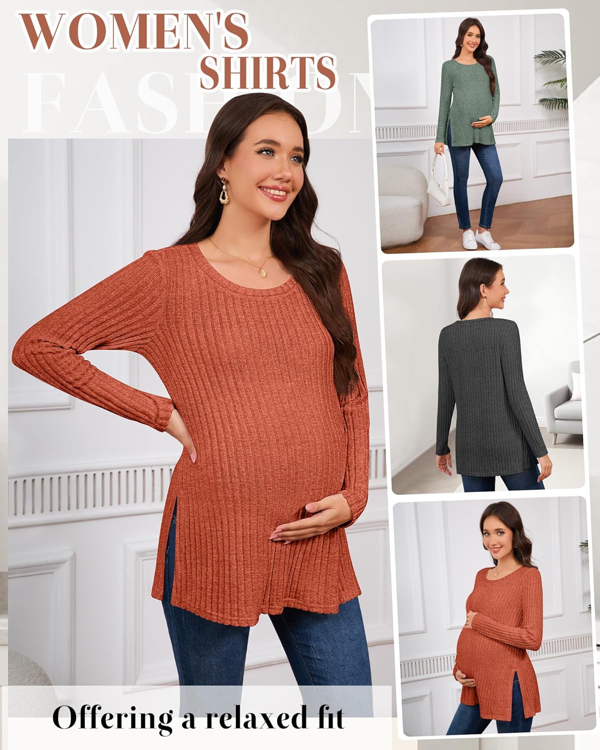 Ficerd 3 Pack Women's Maternity Shirts, Ribbed Long Sleeve Pregnancy Sweaters Knit Scoop Neck Slit Side Pregnant Tops Sweater(Dark Gray, Green, Caramel,XX-Large) - Image 6