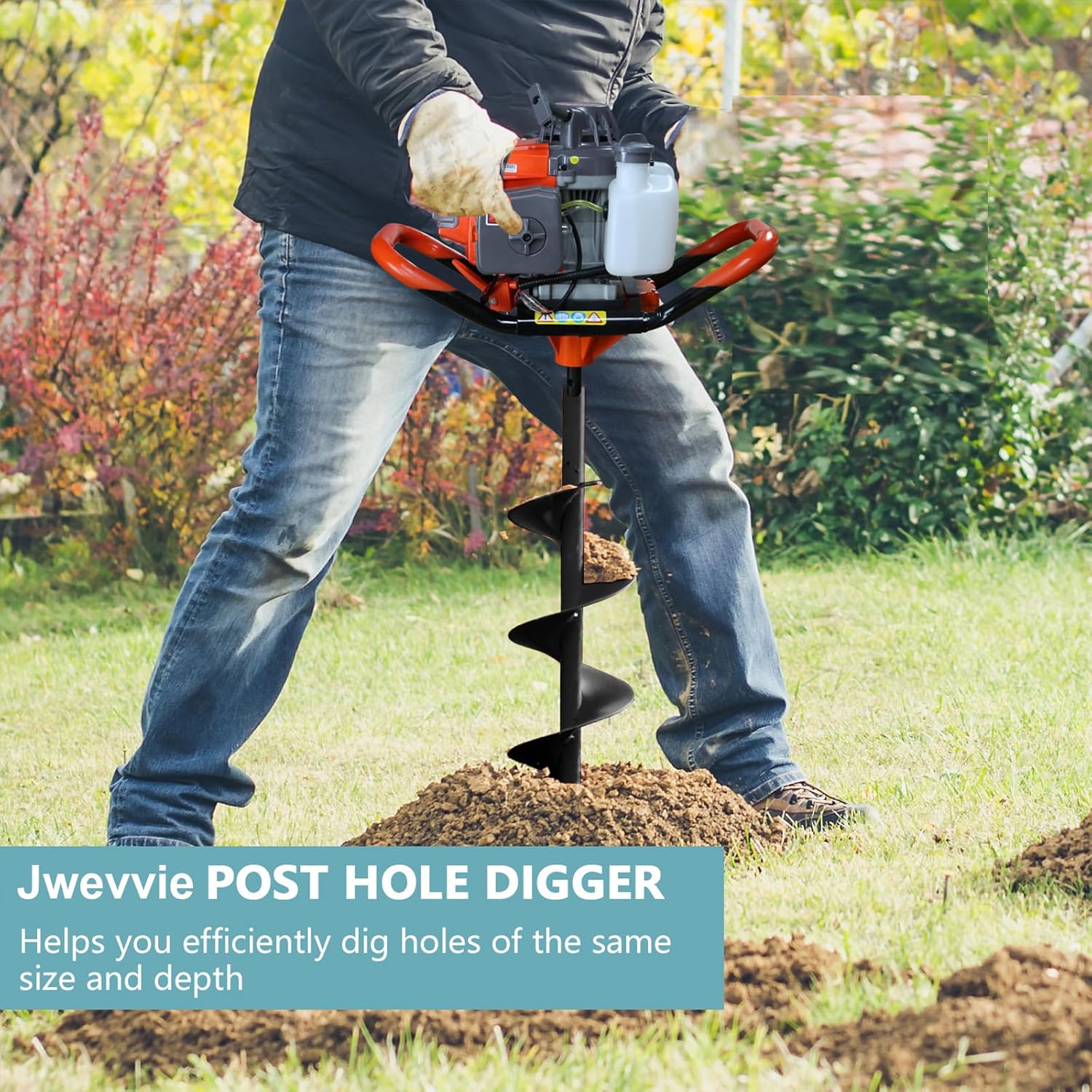 72cc Post Hole Digger, Gas Powered Post Hole Digger, Earth Auger Digger with 3 Drill Bit 4" & 8" & 12" and 2 Extension Rods 24" 24" for Planting Fence Farmland Garden & Plant, 2200W