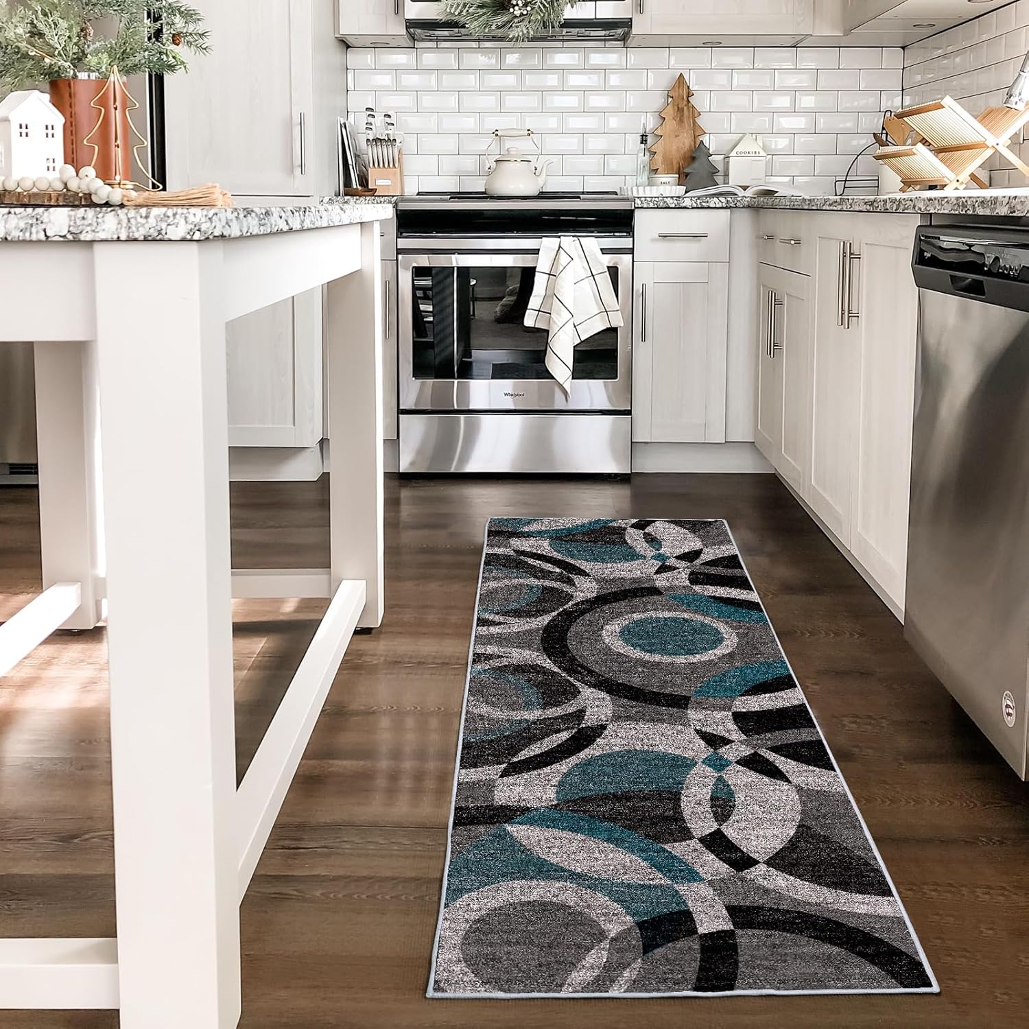 Washable Modern Blue Black Grey Runner Rug - 2x6 Feet Soft Faux Wool Rug Abstract Circles Line Design Runner Rugs for Hallway, Bedroom, Non-Slip Bedside Rugs 2'x6', Blue/Black/Grey