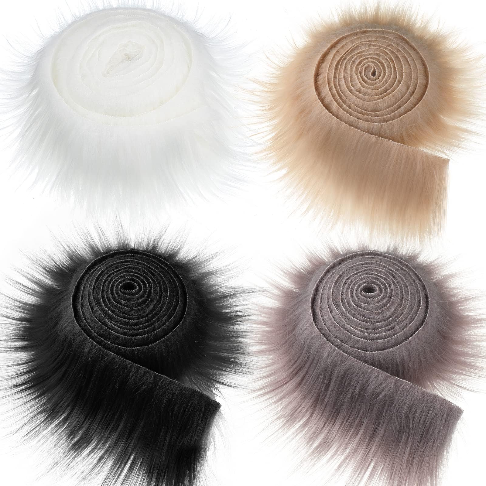 4 Pieces Faux Fox Fur Fabric Shaggy Fur Patches Fabric Trim Ribbon Chair Cover Seat Cushion Pad Supplies for DIY Craft Costume Decoration(Black, Khaki, Grey, White)