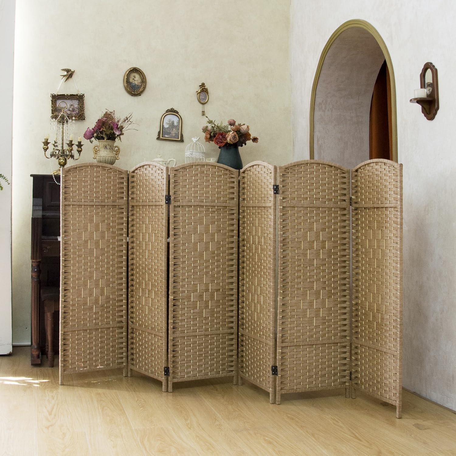View 1 of *****USED UNKOWN IF MISSING PARTS****
 6 Panel Room Divider - 47.2" Light Brown Rattan