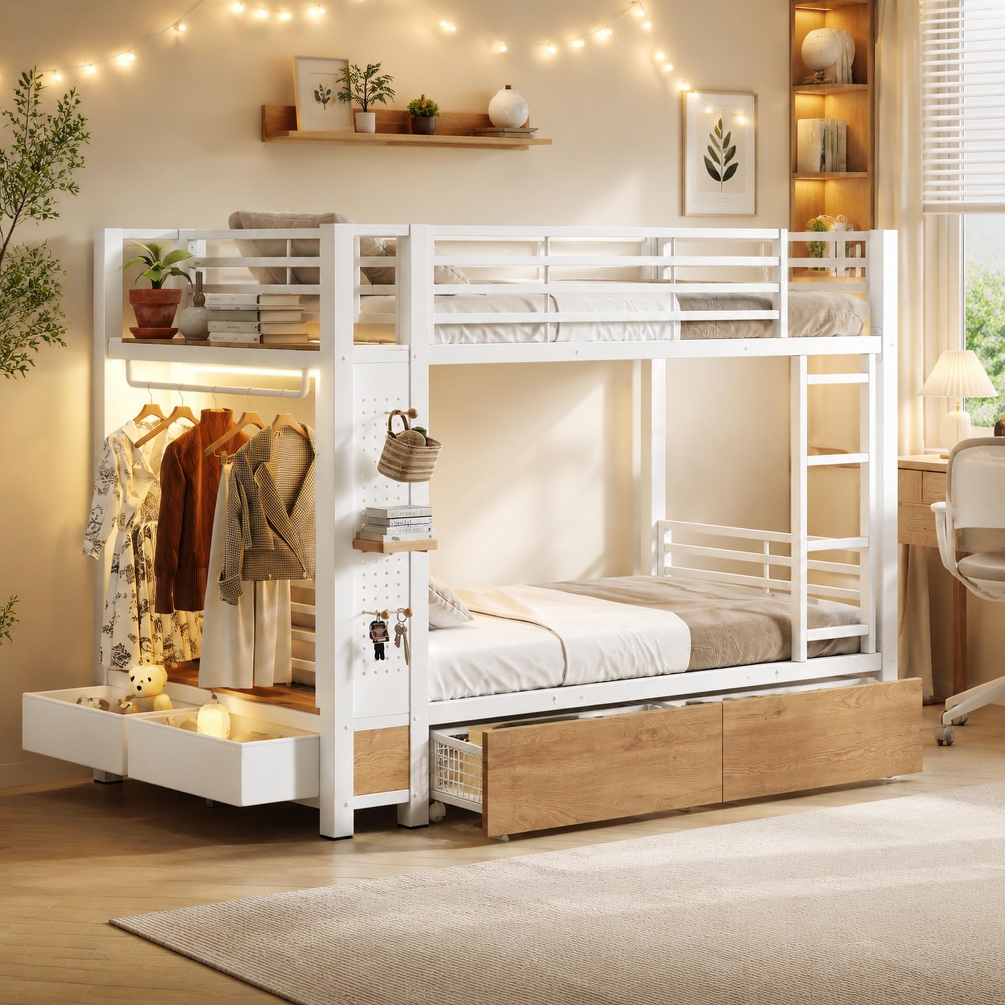 Duxelifen Etagenbett 90x200 cm Eisenrahmen mit LED & Stauraum, Weiß