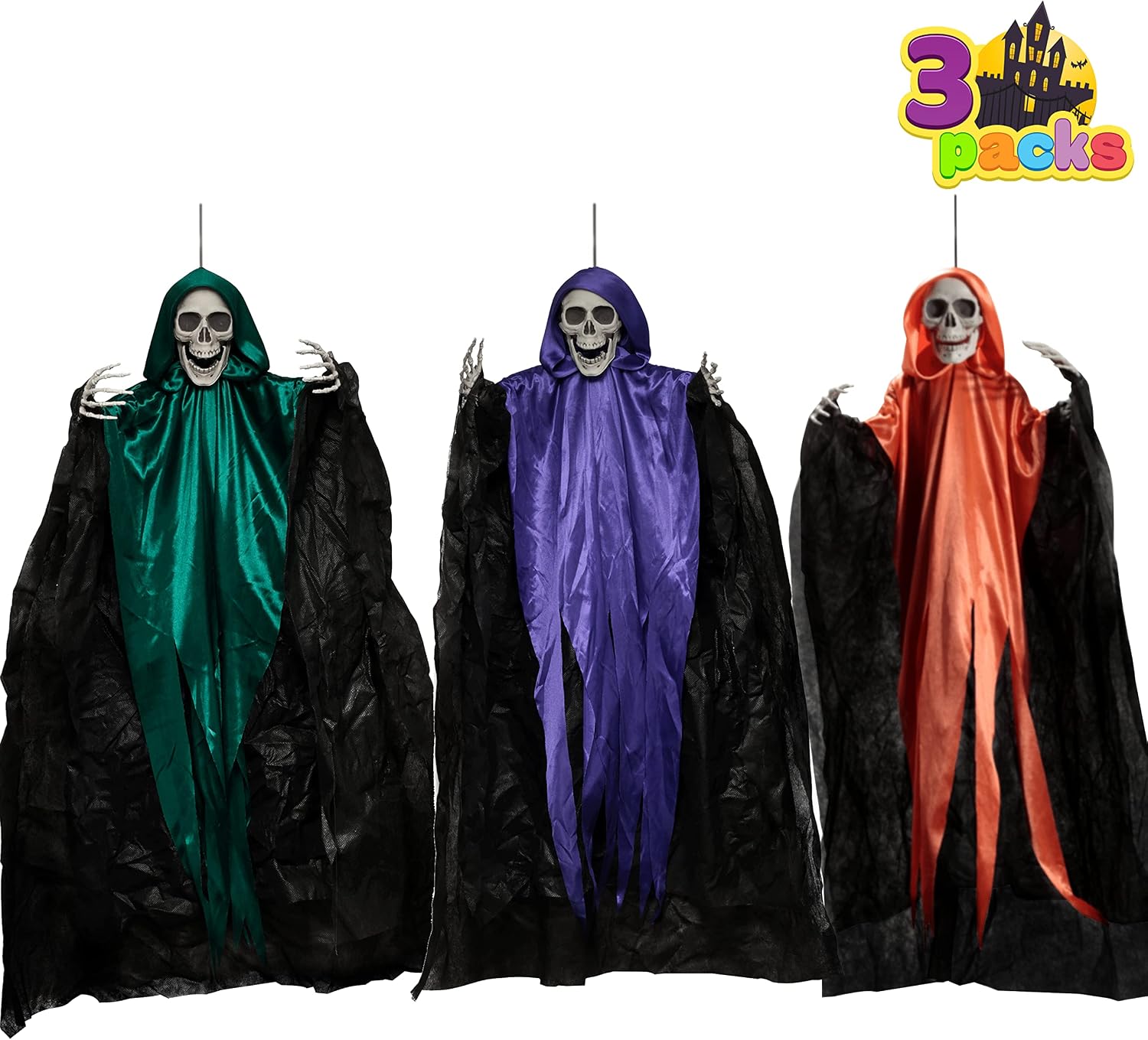 36” Hanging Grim Reapers in different color (3 Pack), Halloween Hanging Grim Reaper, Halloween Skeleton Grim Reaper for Haunted House Prop Décor, Halloween Outdoor Indoor Decor