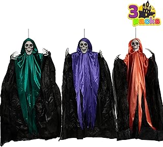 36” Hanging Grim Reapers in different color (3 Pack), Halloween Hanging Grim Reaper, Halloween Skeleton Grim Reaper for Haunted House Prop Décor, Halloween Outdoor Indoor Decor