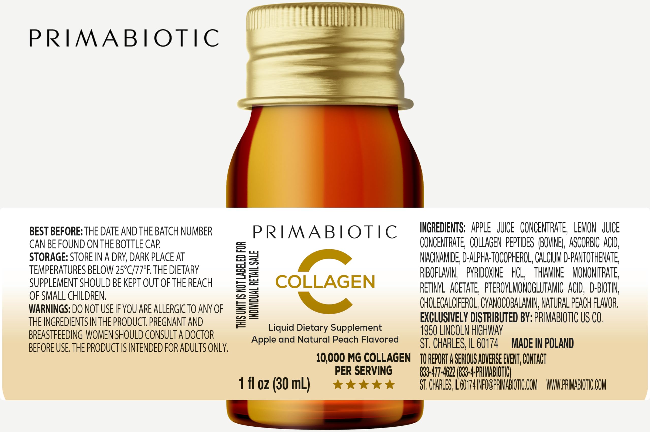 PRIMABIOTIC Liquid Collagen - High Collagen Content [10,000 mg] per Serving - with 12 Vitamins - Gluten-Free - 900 ml - Pack of 30 Bottles — Amazon image 10