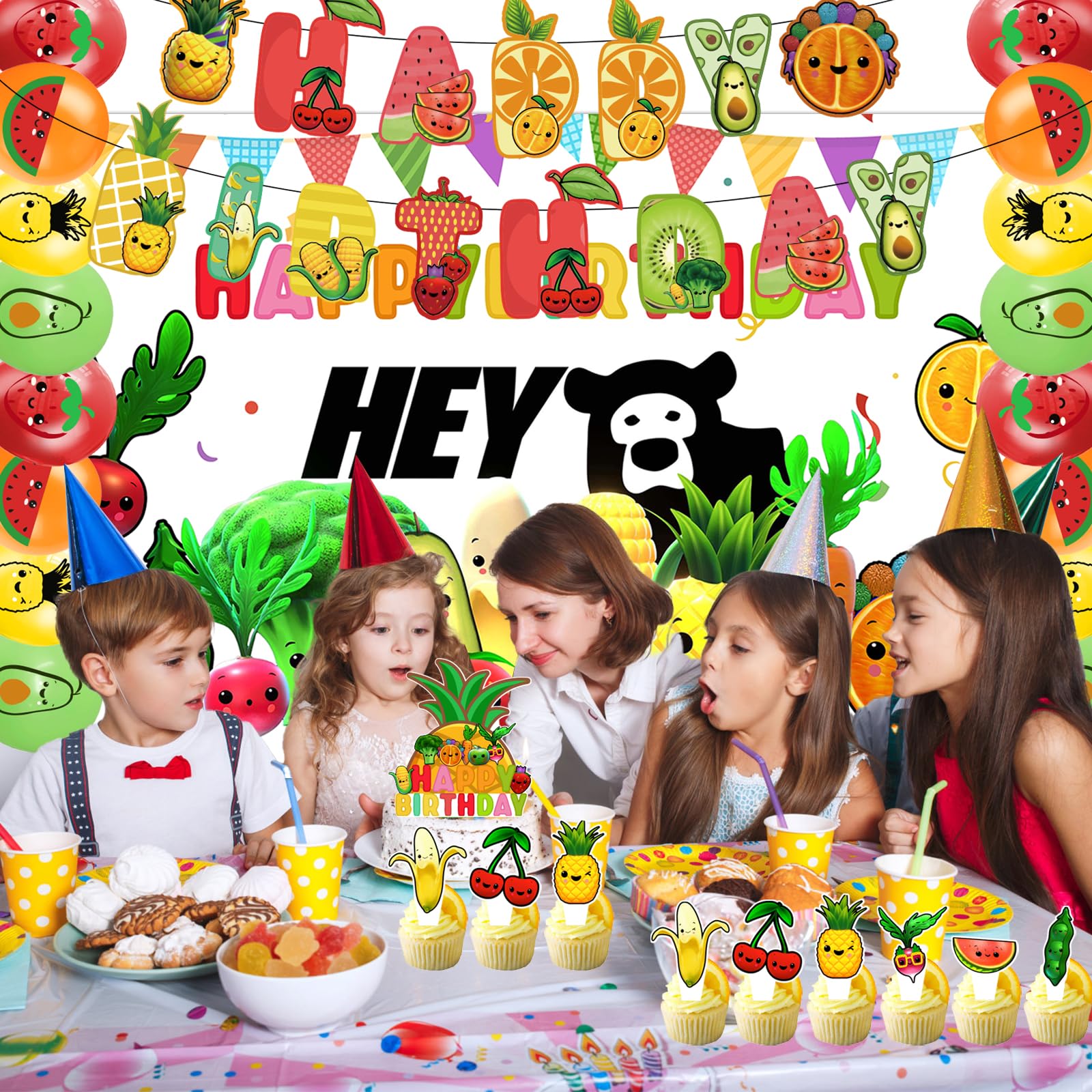 Finypa Fruit Theme 1st Birthday Party Decorations - Cake Toppers, Banner, Balloons & Sensory Fruit Decor