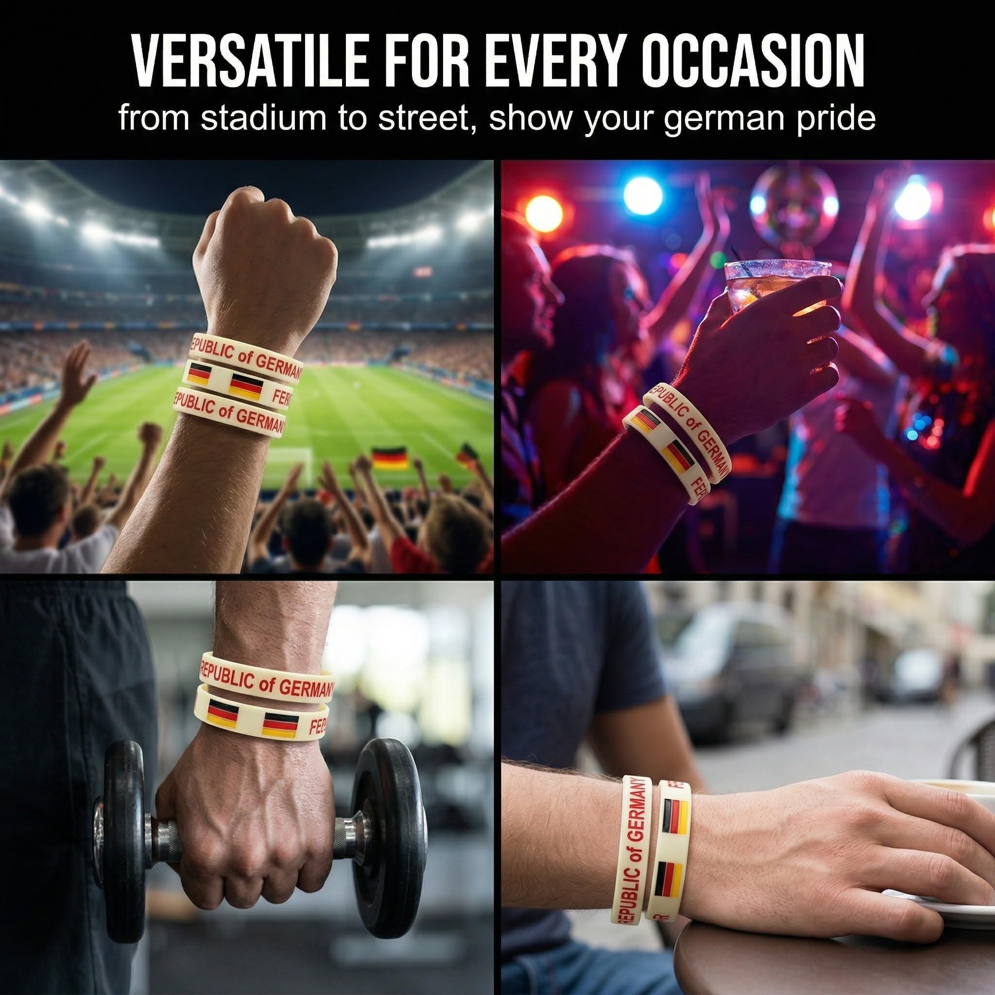 Lot de 3 Bracelets Allemagne en Silicone - Bracelet Supporter aux Couleurs du Drapeau Allemand pour Homme et Femme - Accessoire Idéal pour Football, Événements Sportifs et Fêtes - 20cm