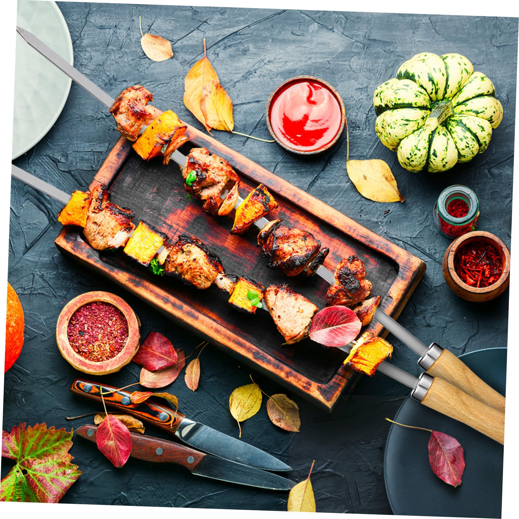 8pezzi Spiedini Barbecue Acciaio Inossidabile Con Manico Legno Per Grigliate Picnic e Campeggio Comodi e Resistenti Stile Doppio e Singolo Facile Da Trasportare e Usare