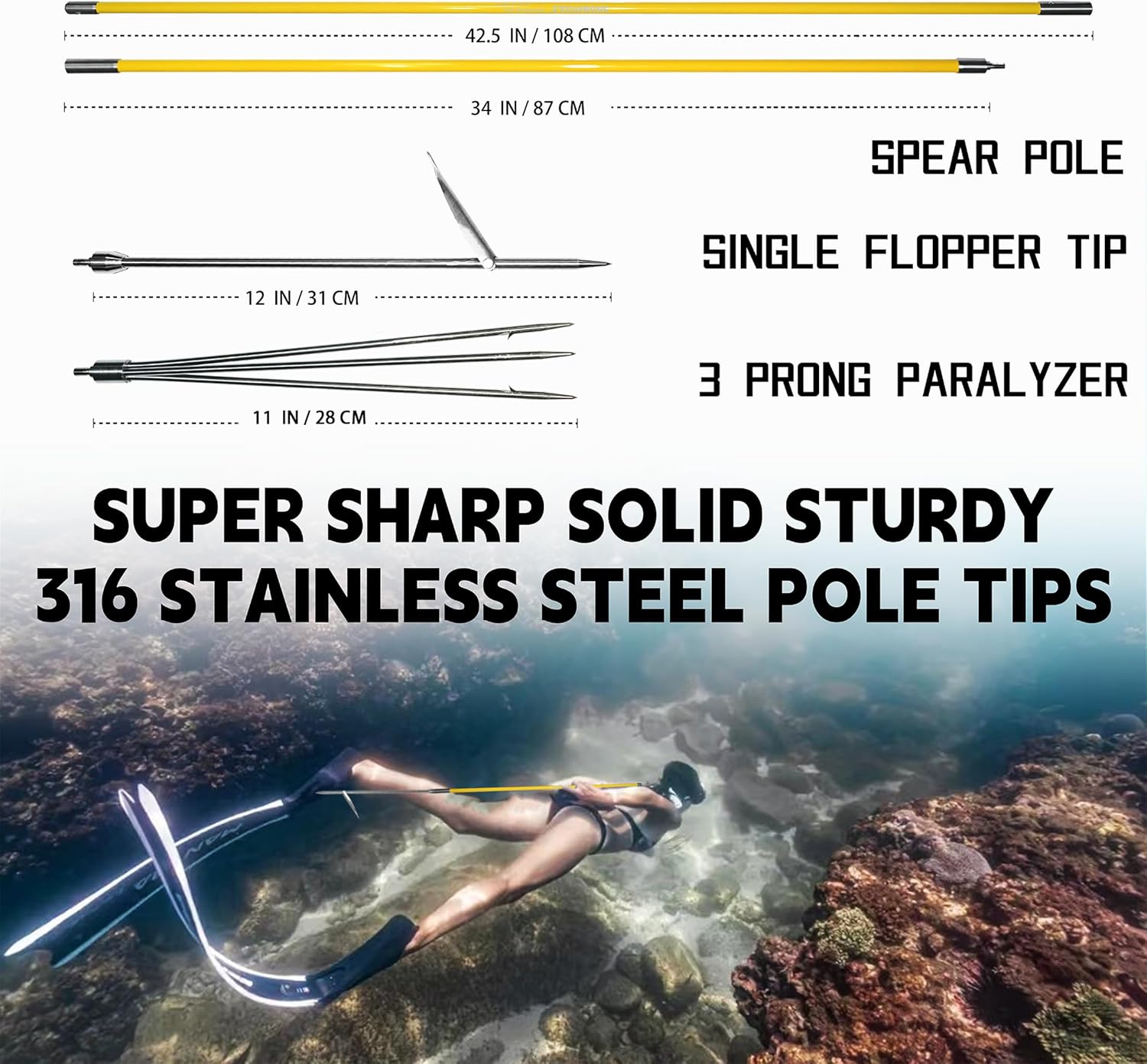 Hawaiian Sling Fishing Spear 7ft Fiberglass Travel Pole Spear 3 Prong Sling Spear Fishing Equipment Snorkeling Scuba Diving Gear Polespears Harpoon for Fishing Kayak, Spearfishing, Freediving