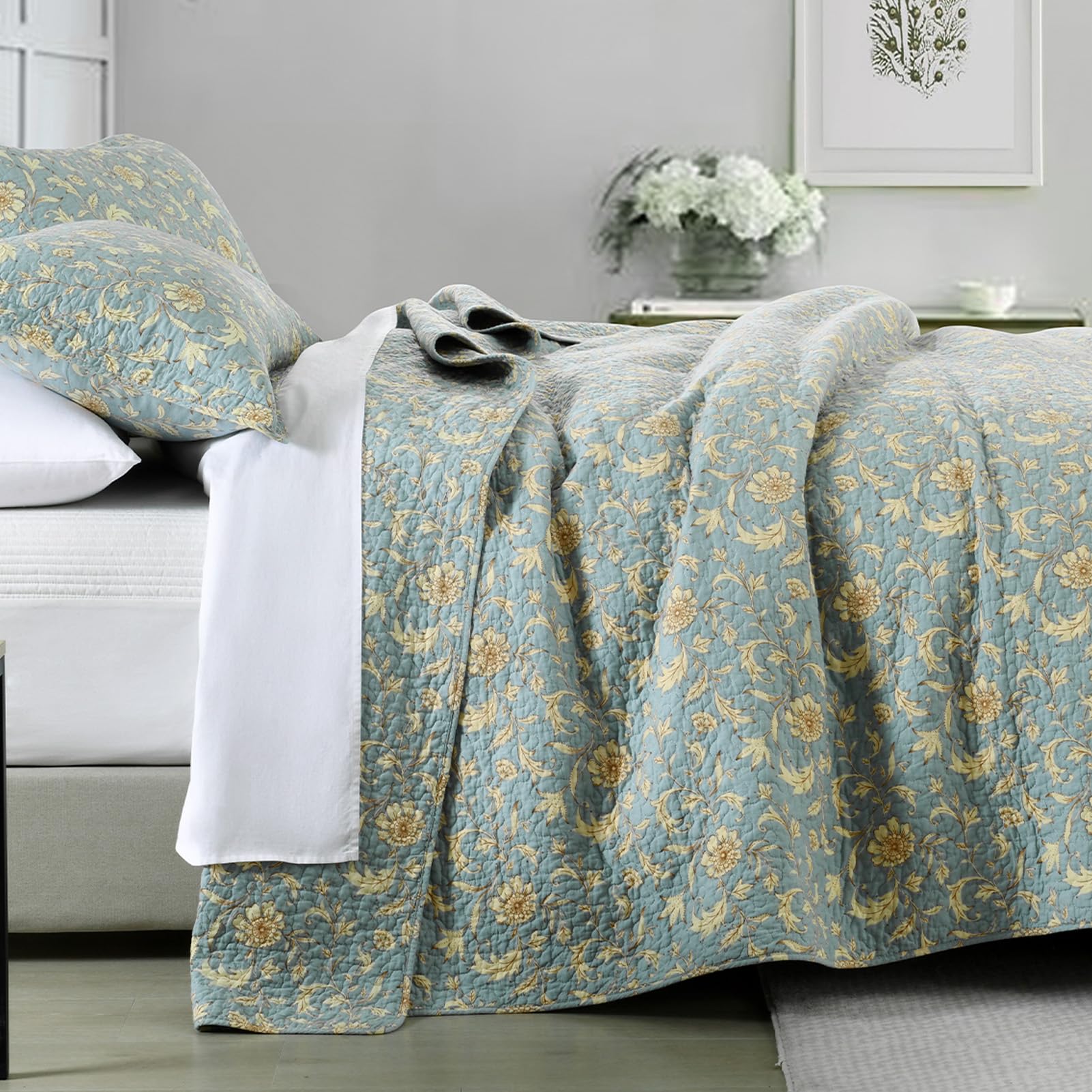 Parure De Lit Imprimée 2 Personnes 100% Coton, Esprit Botanique Blanc 260x240+2x65x65cm - Housse De Couette - Parure De Lit