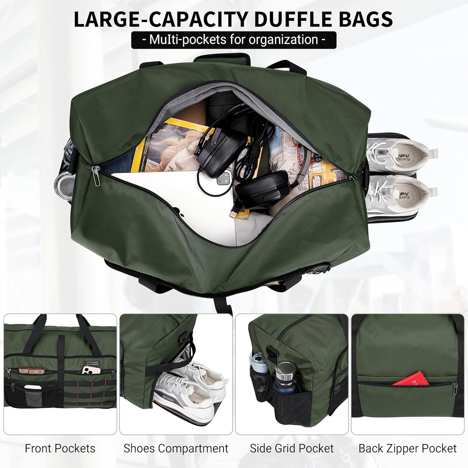 WITZMAN Foldable Duffle Bag for Travel 65L Lightweight Packable Duffel Bag with Shoes Compartment Overnight Bag for Men Women (B697 Army Green） - Image 4