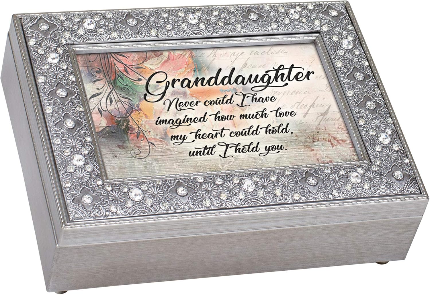 Cottage Garden Granddaughter Love My Heart Filigree Jewel Bead Silver Tone Music Box Plays Canon D