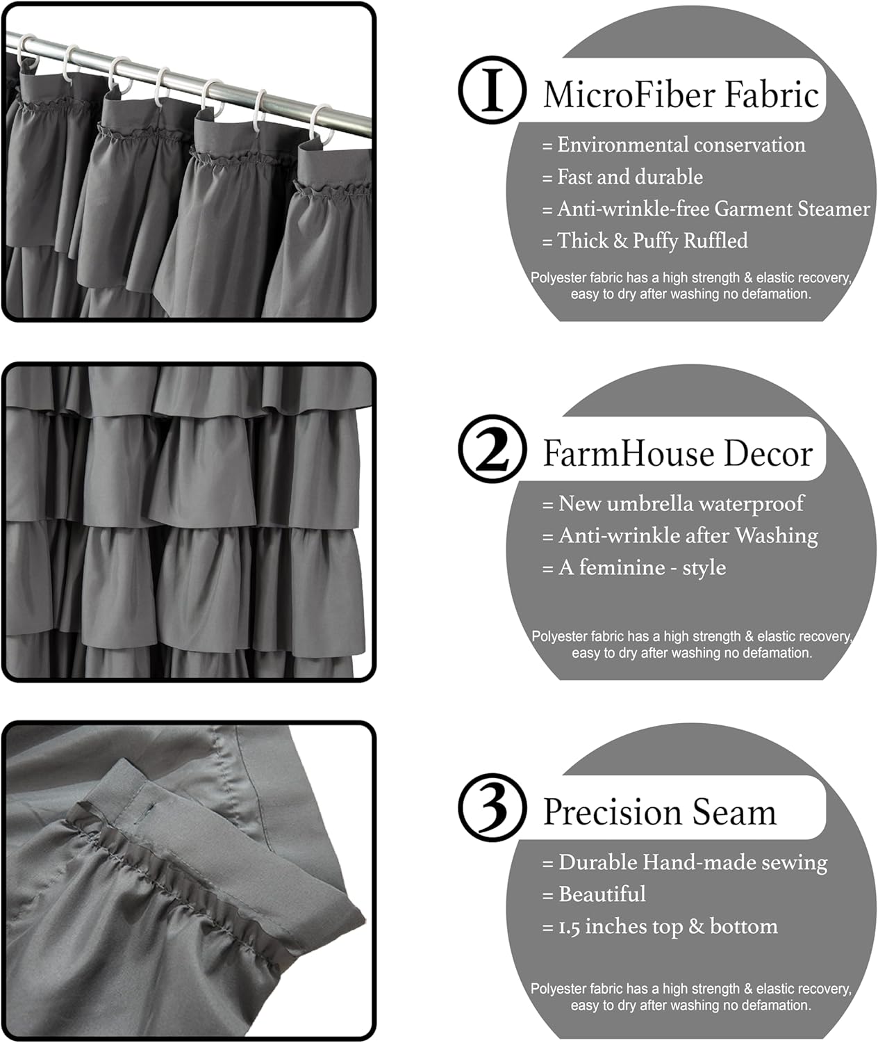 Ruffle Shower Curtain,84-inches Extra Long,Grey Ruffled Bath Curtains for Bathroom,Fabric Farmhouse Decor,Soft Touch Decorative Cloth Texture,(72 inch Wide,1 Panel)
