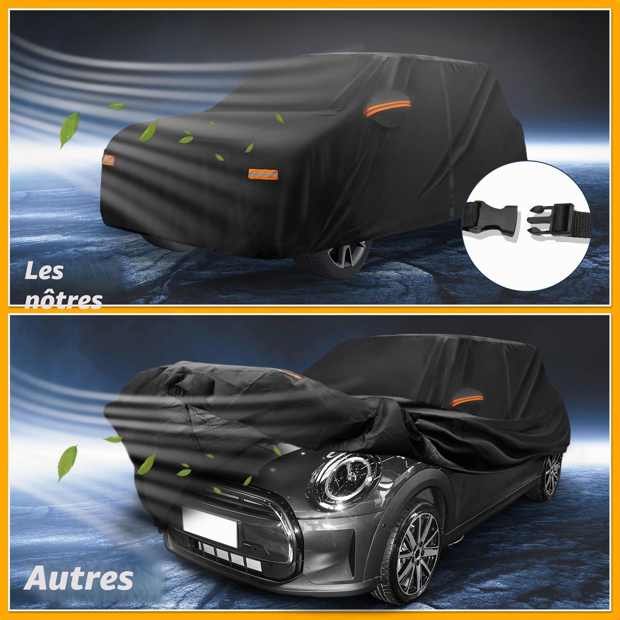 Housse Étanche Toutes Saisons pour Mini Cooper 4 Portes 1PC | Matériau 190T-PU, Dimensions 410x175x135cm, Extérieur, Étanche, Anti-UV, Bandes Réfléchissantes, Toutes Saisons