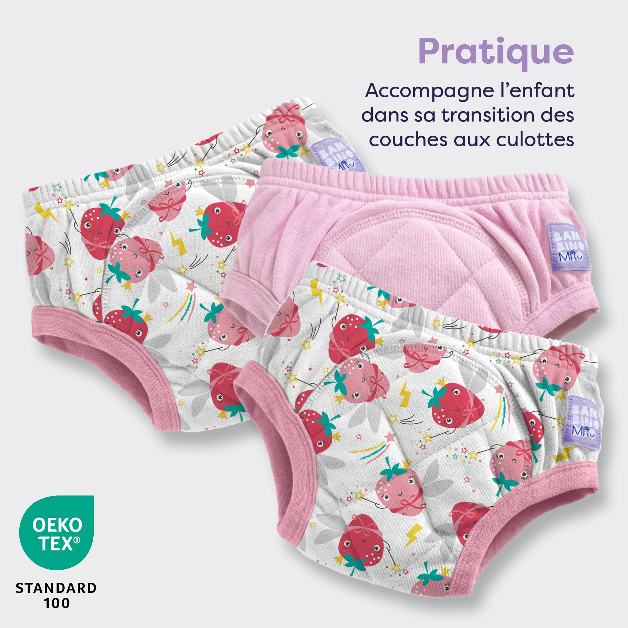 Culottes d'apprentissage Bambino Mio pour tout-petits, lot de 3, 2-3 ans, Fraises Roses Fantastiques – réutilisables, lavables – Fille et Garçon – Motif point de croix