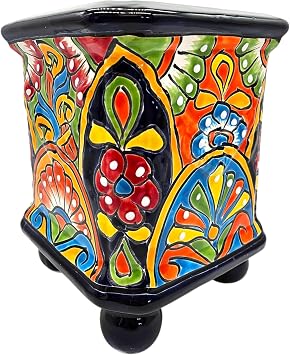 Square Planter with Feet Hand Painted Pot Indoor Outdoor Multi Colored Figure Glazed