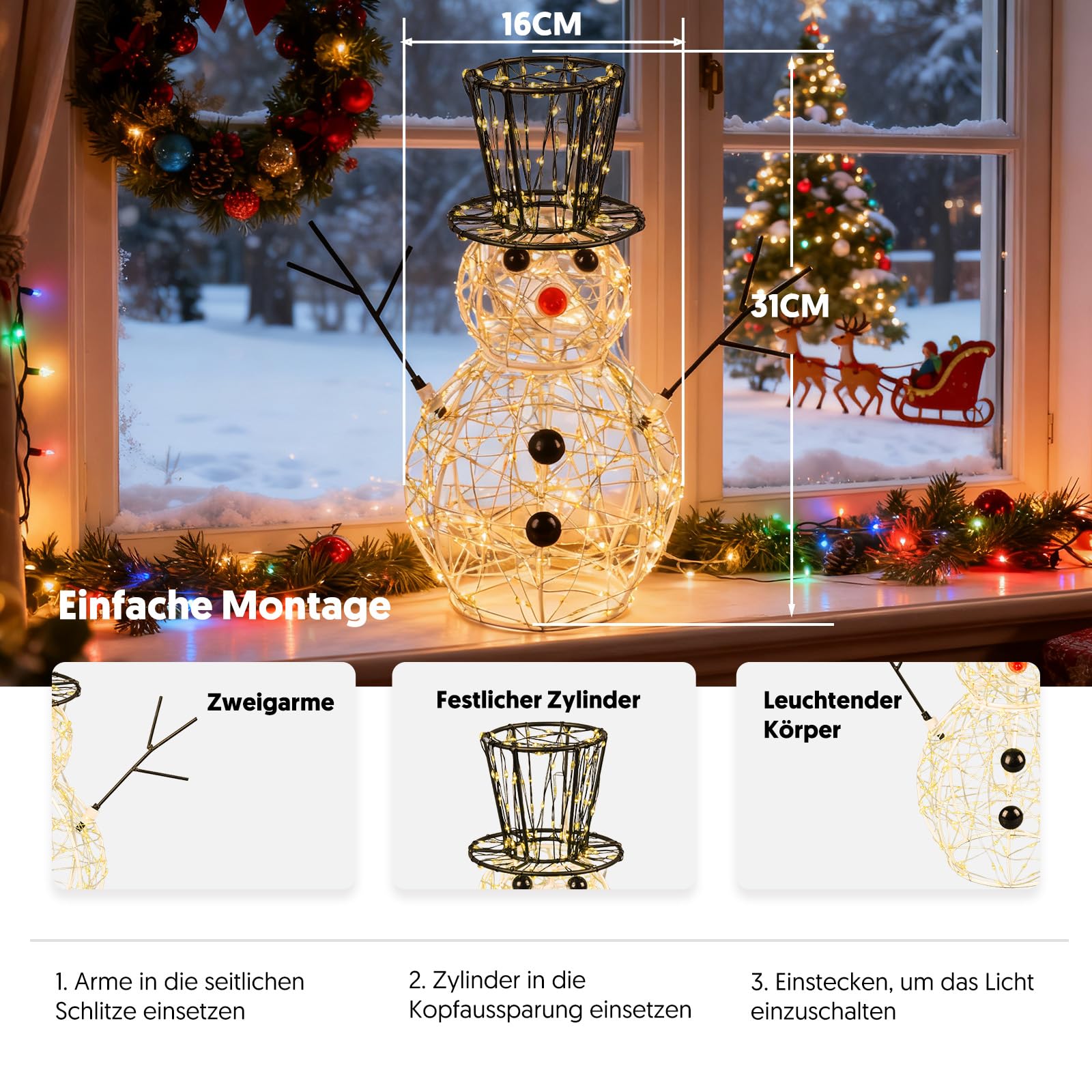 LEDYA Weihnachts-Schneemann Lichterdeko, 400 LEDs Warmweiß, 30,5 cm Weihnachtsdeko für Innen/Außen mit Timer, netzbetrieben, 2 Lichtmodi Blinken & Dauerlicht, ideal für Schlafzimmer, Garten, Party