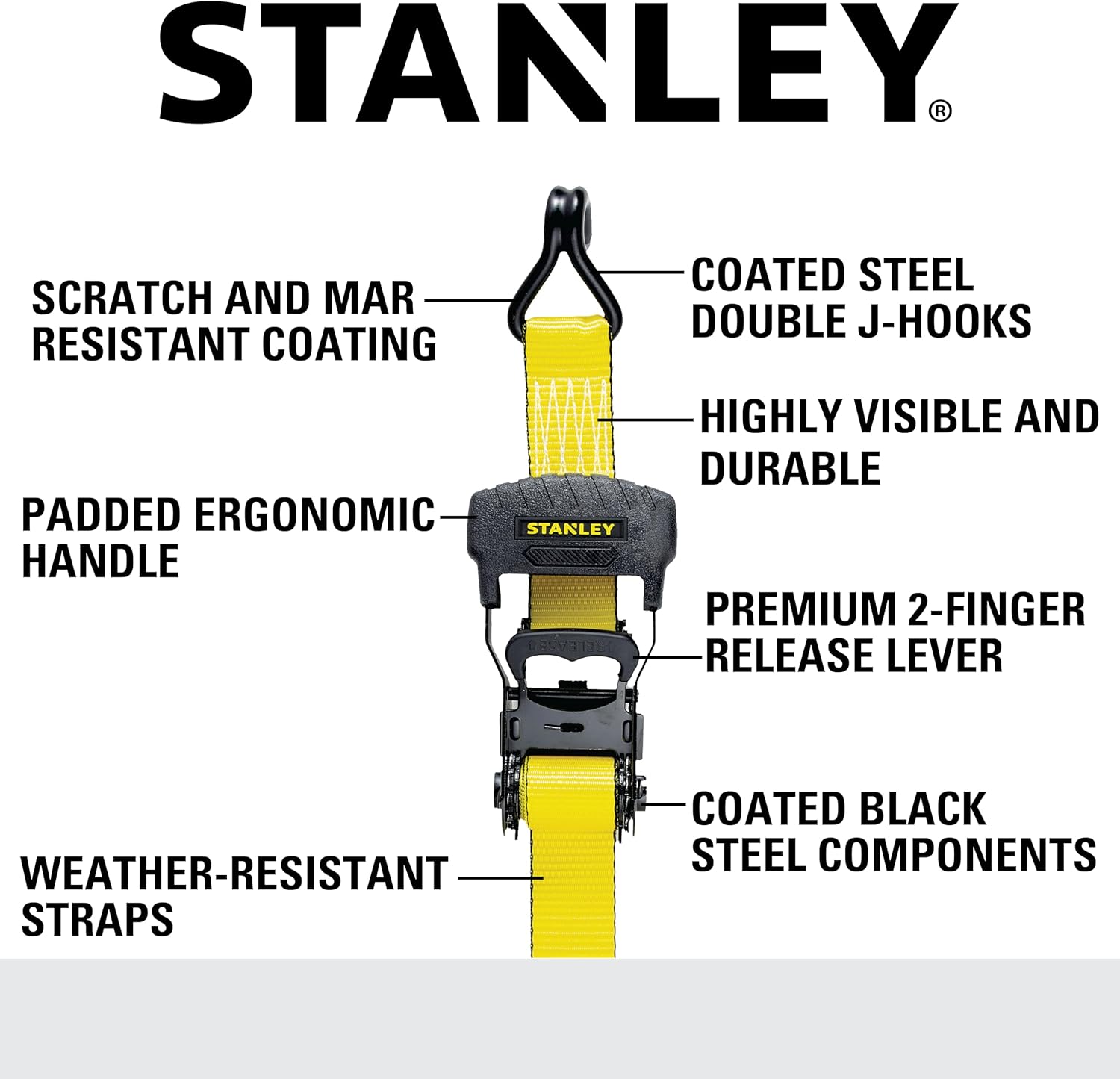 STANLEY S10074 Black/Yellow 1.5" x 16' Ratchet Tie Down Straps - Heavy Cargo Securing (3,300 lbs Break Strength), 4 Pack