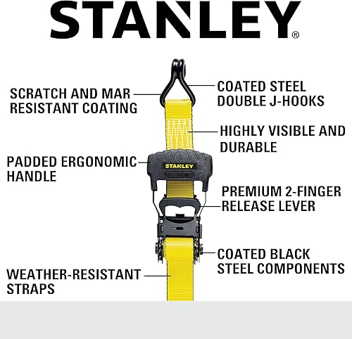 Vista 2 de STANLEY S10074 - Correas de amarre con trinquete de 1.5 pulgadas x 16 pies, color negro/amarillo, seguridad de carga pesada