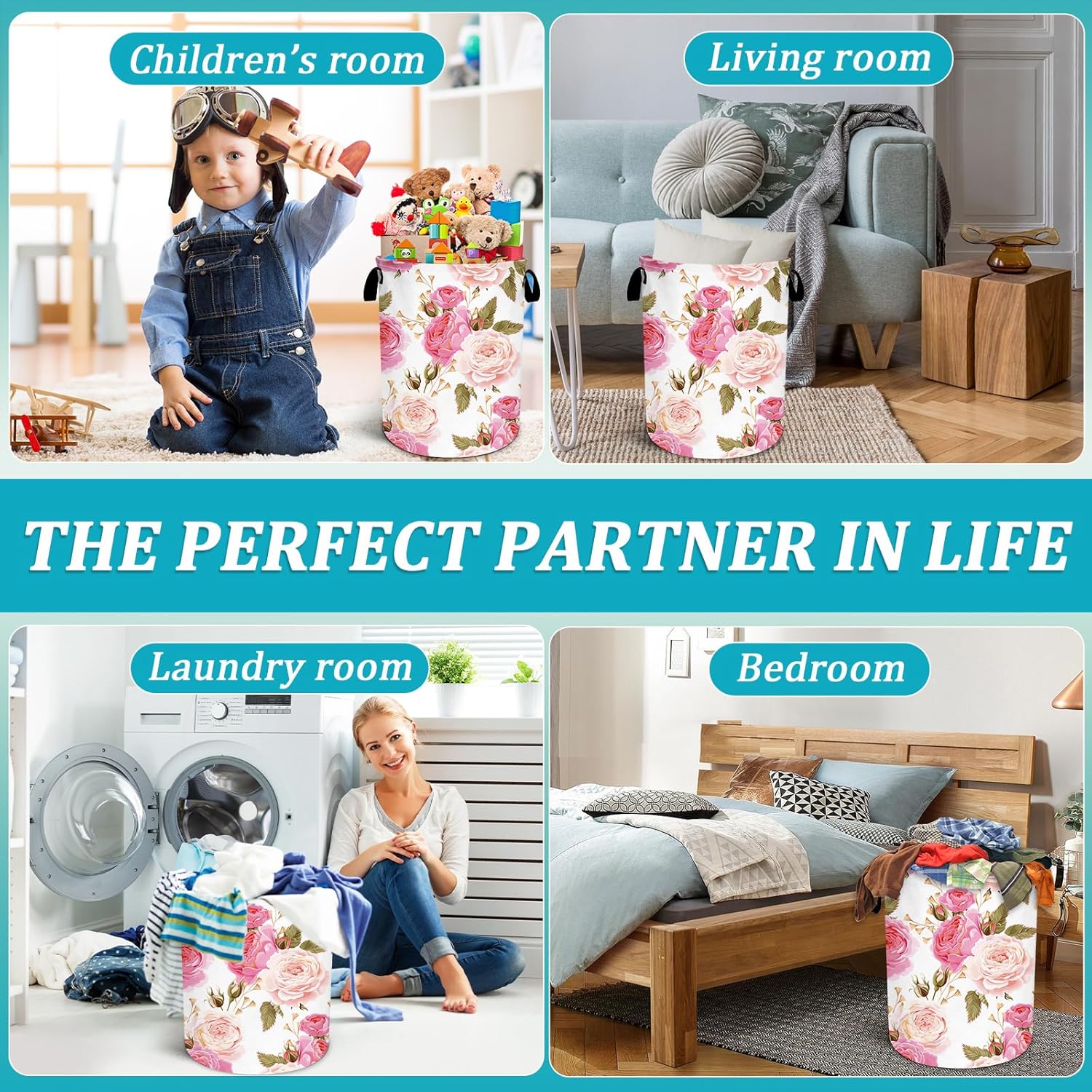 Abstract Pink Rose Laundry Basket, Floral Laundry Hamper Foldable Waterproof Funny Tote Bag Dirty Clothes Storage Bucket Toy Organizer for Bathroom/Laundry/Bedroom 15.7"x19.6"