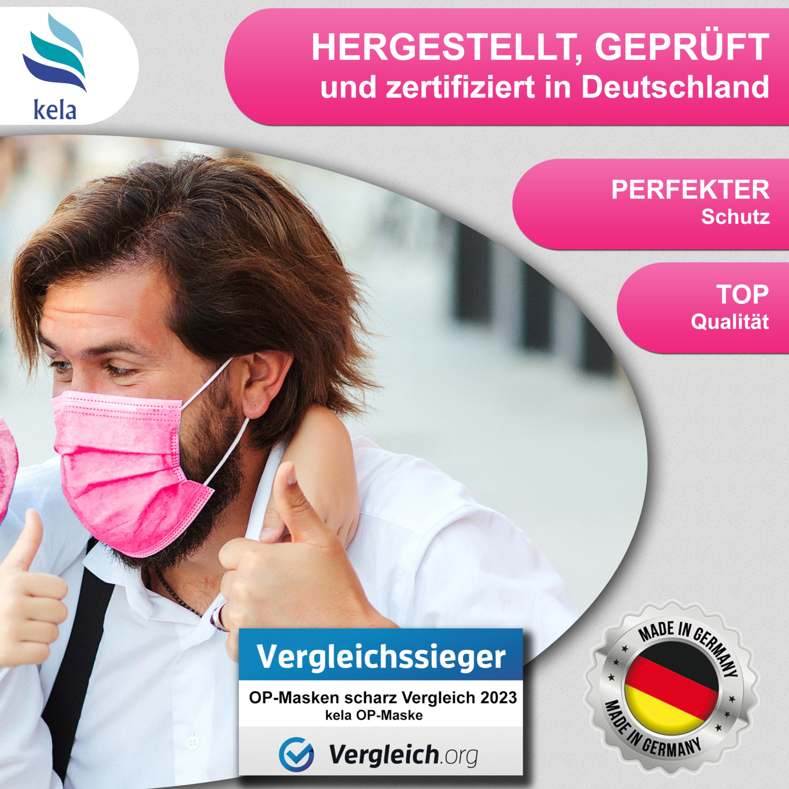 kela, Masques chirurgicaux Médical | Fabriqués en Allemagne | Conforme à DIN EN 14683 Type IIR | BFE >99,88% | 3 plis | Chirurgical jetable protecteur medical buccal et nasal
