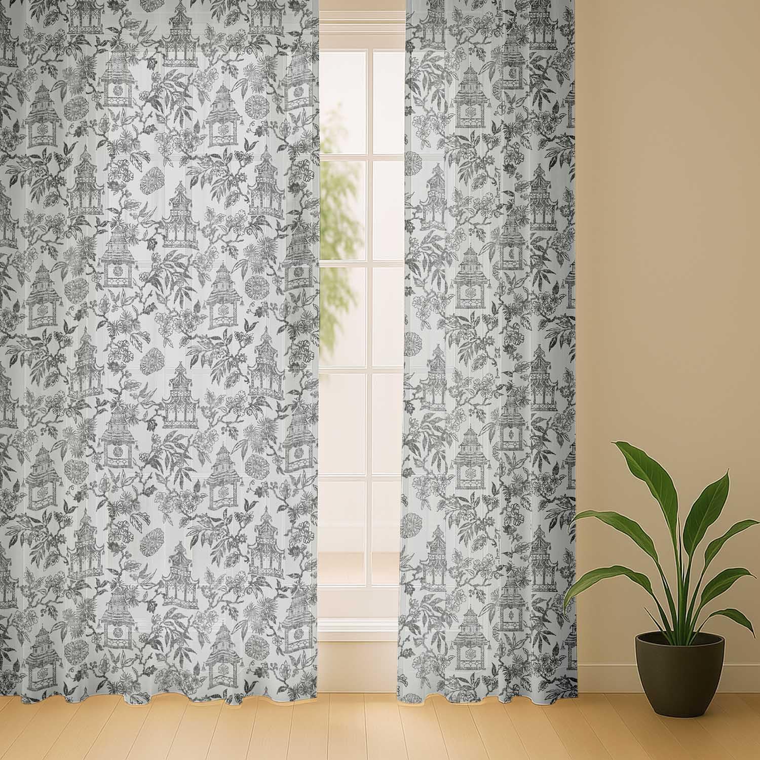 Floral Vines Print Sheer Curtains for Short Windows - Set of 2 Panels, 63", Grommet Top, Printed Georgette, Light Filtering Drapes for Kitchen or Bedroom
