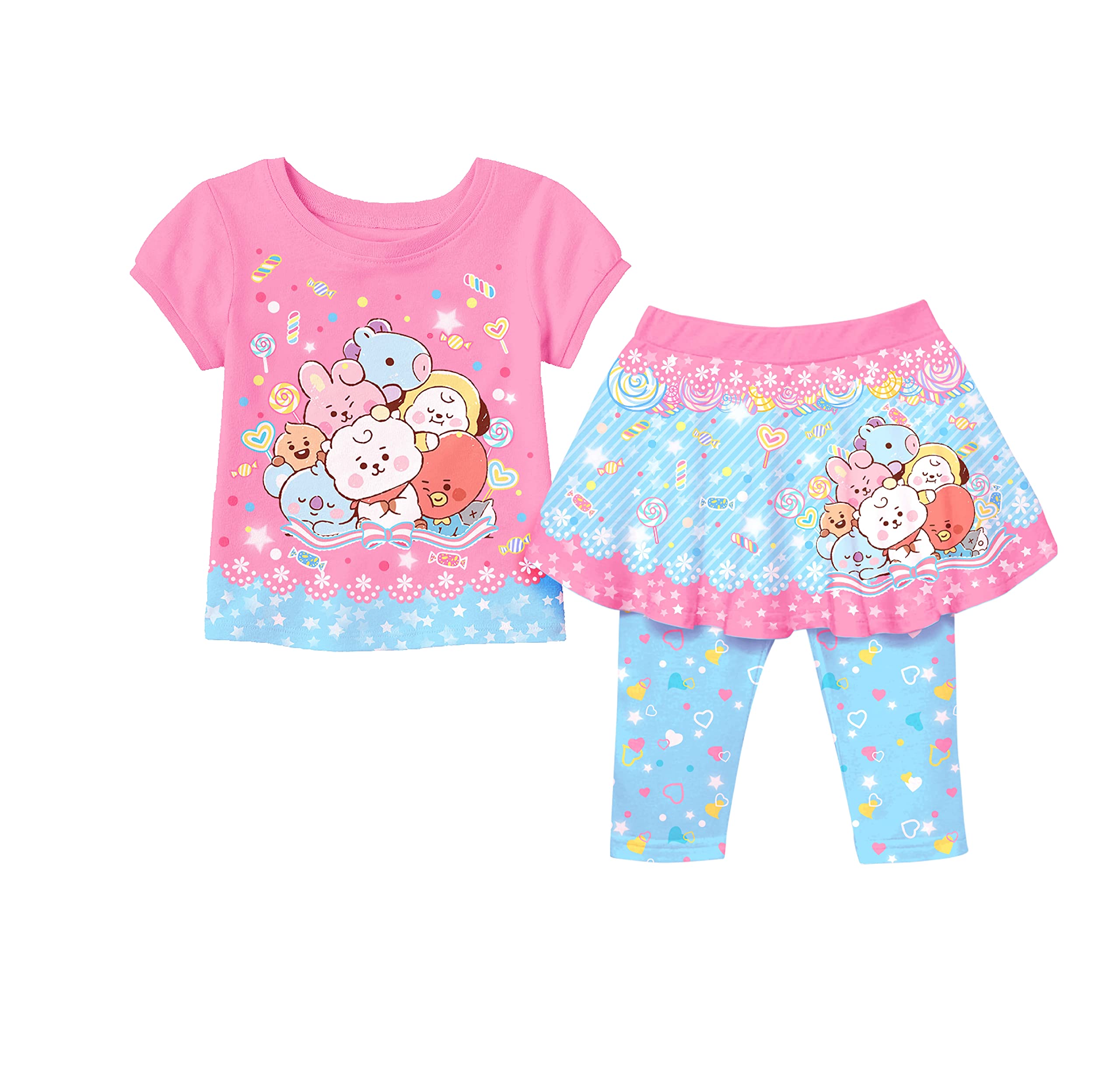 A20K-19 Tshirt and 3/4th skirt with printed inner leggings Girls Fashion Clothes Short Sleeve T-Shirt & Skirt with leggings Disney Cartoon Printed Dress