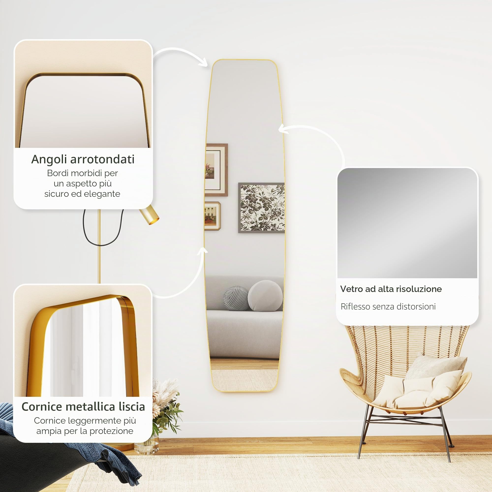 HOMCOM Specchio da parete, 160 x 40 cm, con angoli arrotondati, finestra con cornice in metallo, decorazione per corridoio, camera da letto, soggiorno, oro