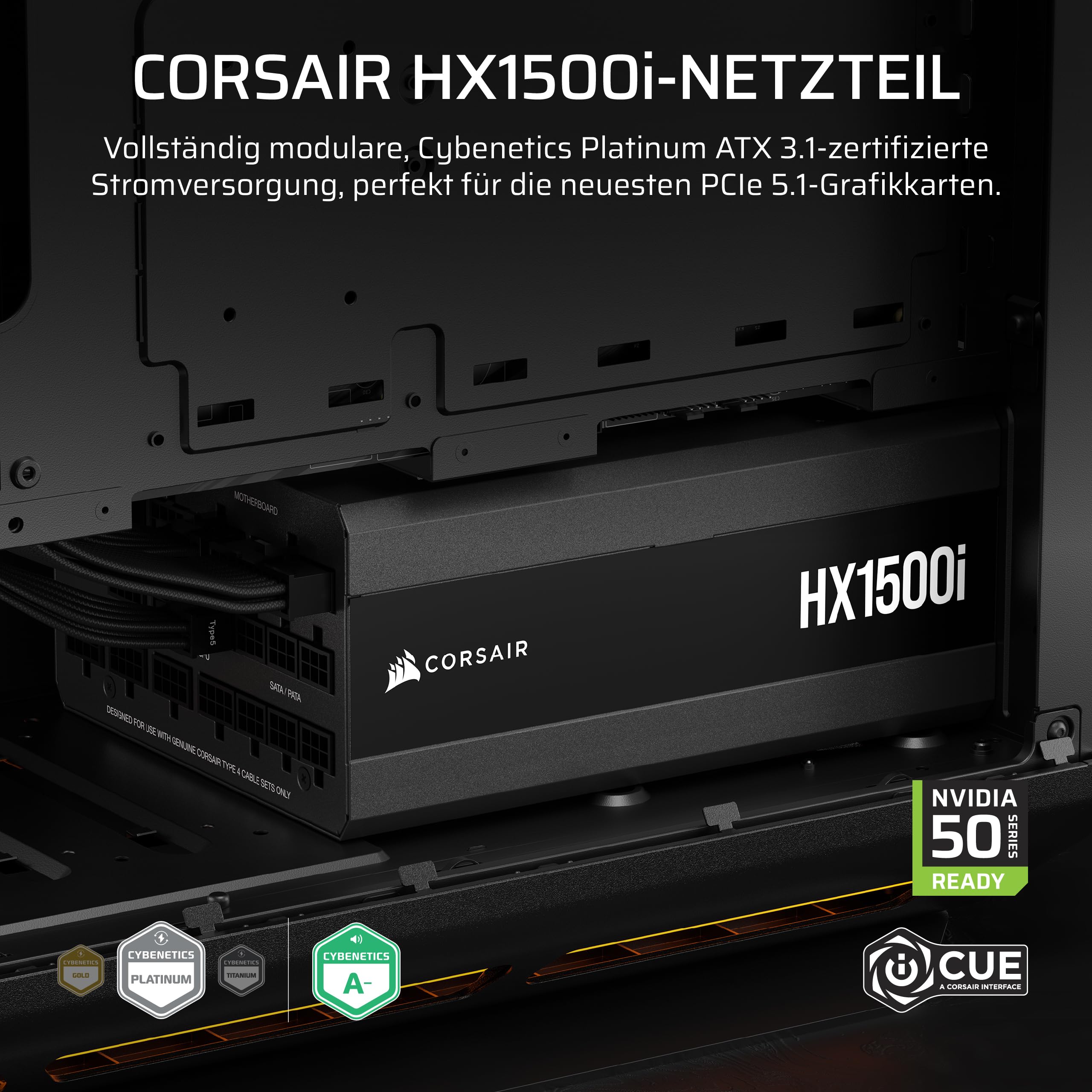 CORSAIR HX1500i (2025) Vollständig Modulares, Ultra-Rauscharmes ATX-Netzteil mit 12V-2x6-Kabel – ATX 3.1 & PCIe 5.1 konform, Cybenetics Platinum Wirkungsgrad – Schwarz | Mit Kabel, kompatibel mit ATX 3.1 und PCIe 5.1, Cybenetics Platinum Effizienz