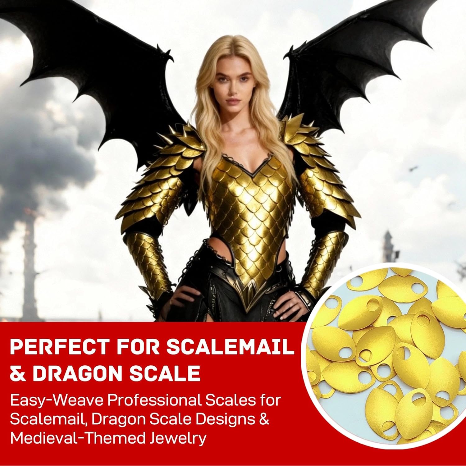 Premium Anodized Aluminum Scales - Large 100ct Golden Dragon Scales for Scalemail, Chainmail Armor & Dragon Scale Crafts