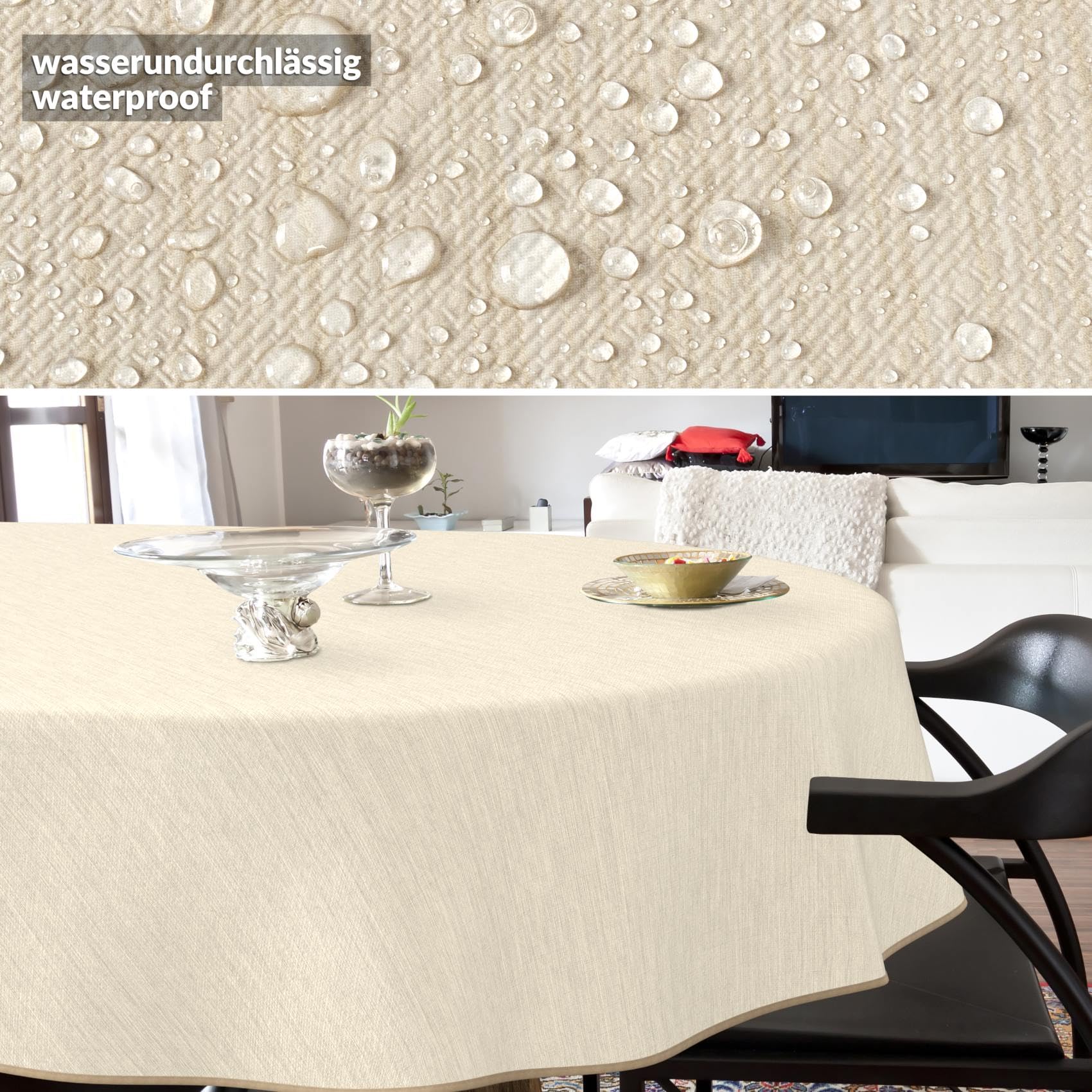 Nappe de Table en Toile cirée - Aspect Lin - Facile d'entretien et imperméable - Ovale - 240 x 140 cm - Crème avec Ourlet