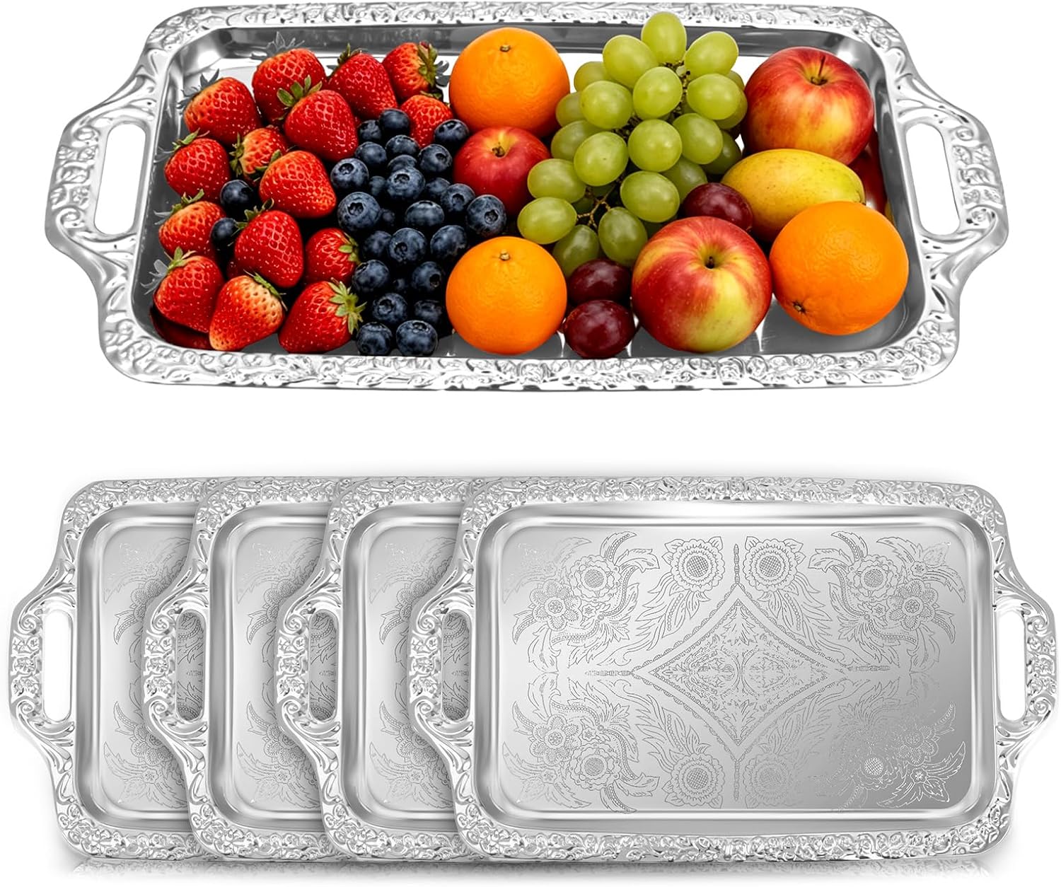 4 Pcs Silver Serving Tray with Handles Elegant Floral Metal Plate