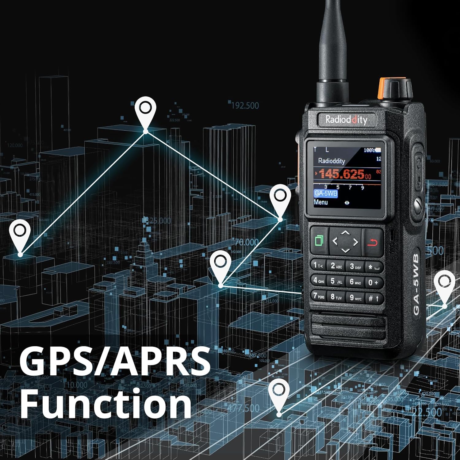 Radioddity GA-5WB radio with a digital overlay showing GPS and APRS tracking points on a map.