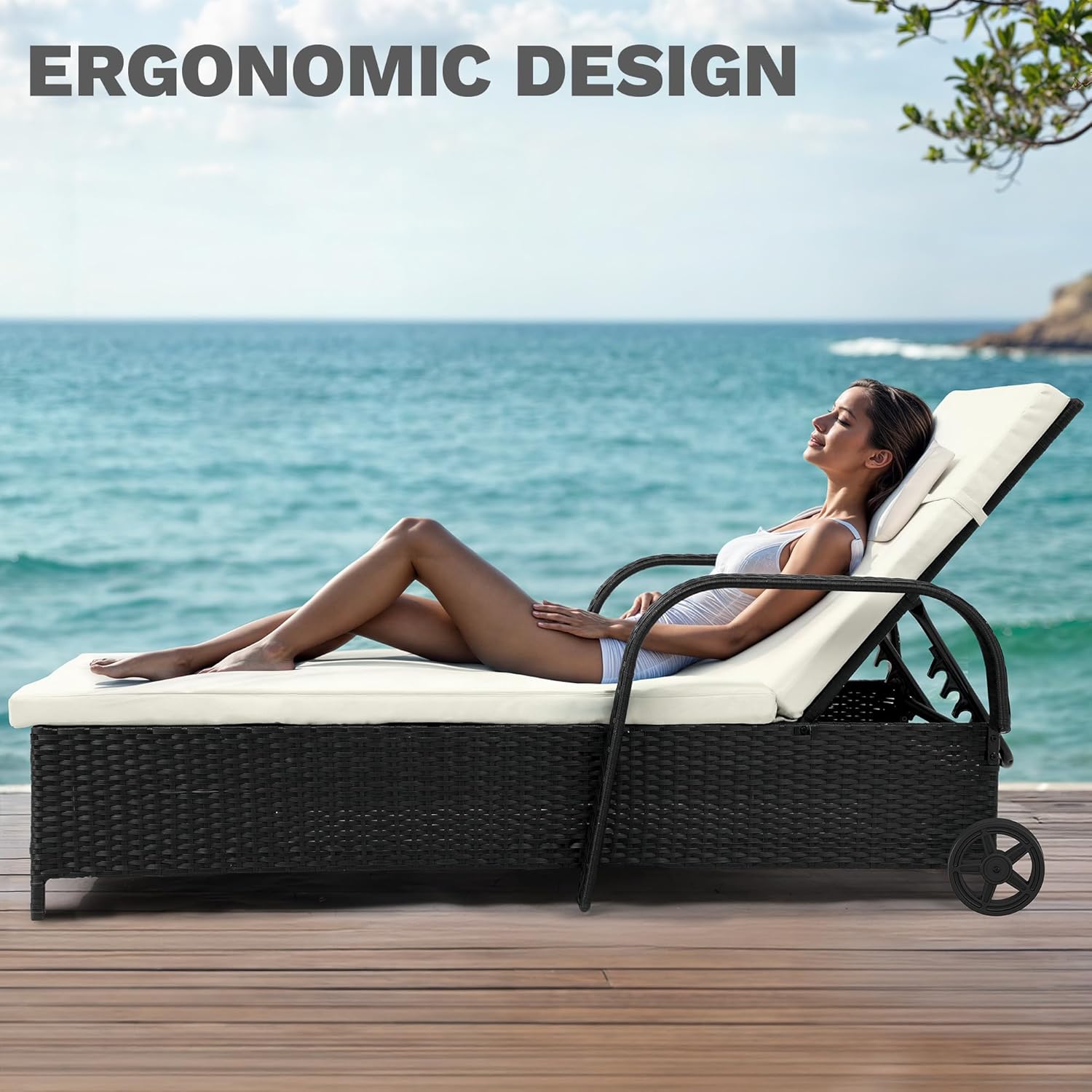 DWVO LED Outdoor Lounge Chairs, Patio Wicker Chaise Lounge Chair with LED Lights & 5-Level Backrest, Wheels and Storage for Deck, Pool, Backyard, Brown & Beige