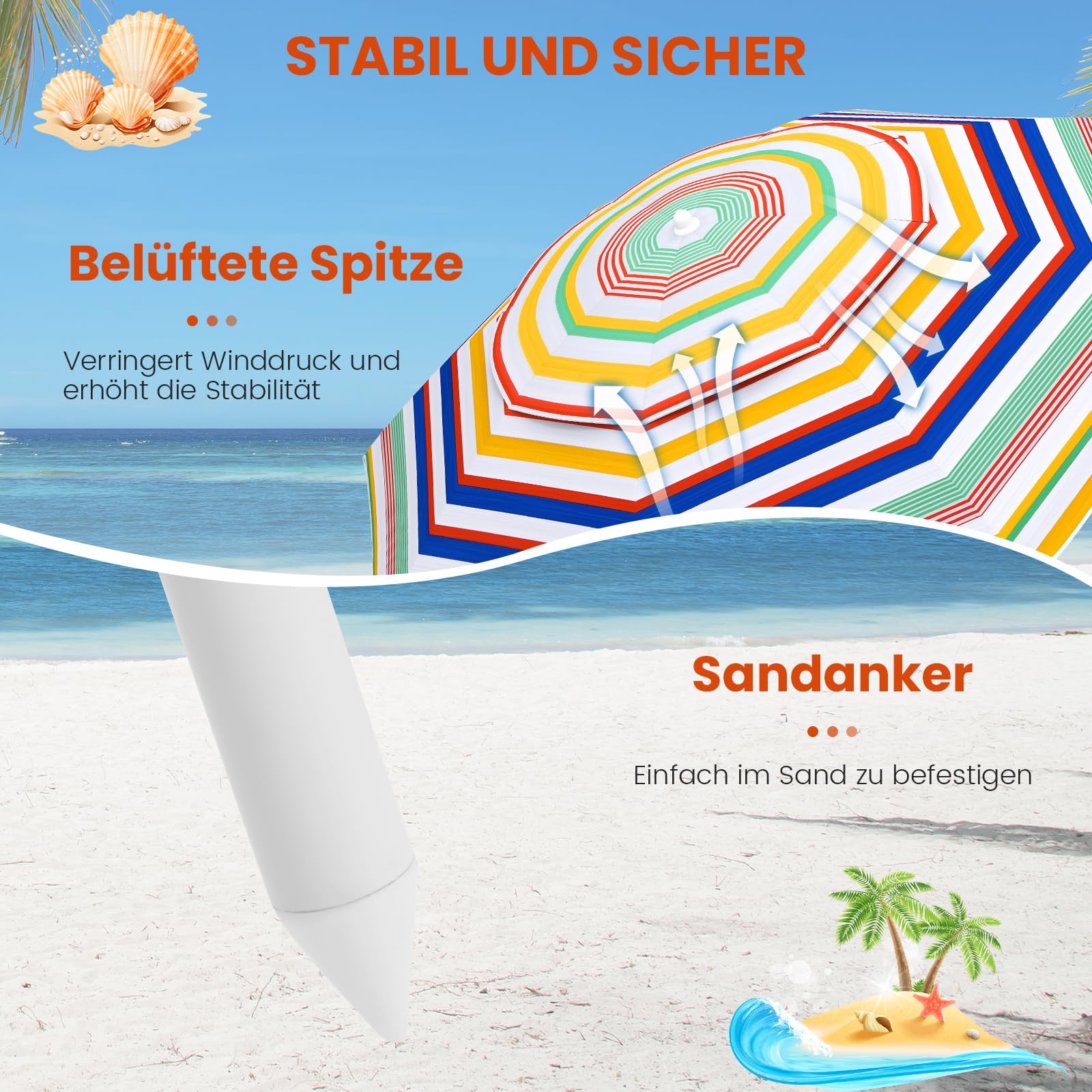 COSTWAY Parasol przeciwsłoneczny na plażę, 179 cm, odporny na wiatr, stabilny UPF 50+, możliwość zginania w zakresie 30°, ochrona przed słońcem z ostrzem do wbijania w ziemię i torbą do przenoszenia