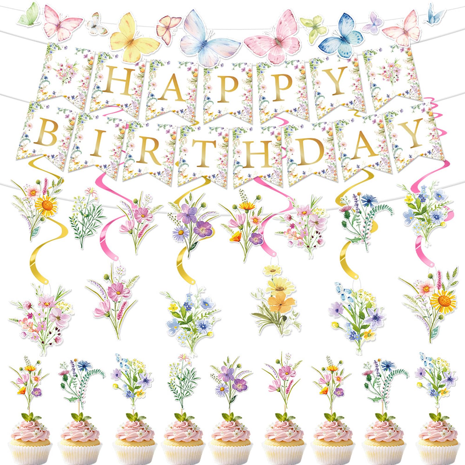 DAVBNM Birthday Decorations Flower Garlands Spring, Party Decoration Daisy Wildflower, with Hanging Swirls Butterfly Decor for Birthday Spring Garden Wedding Baby Shower Tea Supplies