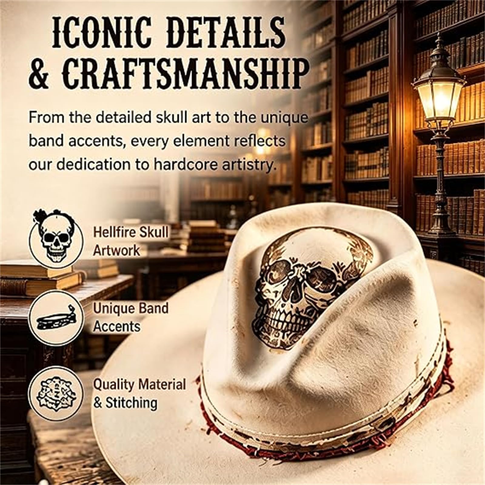 Cappello da Cowboy con Teschio Hellfire Bianco Avorio, Cappello da Cowboy Western Vintage Invecchiato con Fascia per Cappelli con Teschi per Rodeo, Concerto Country