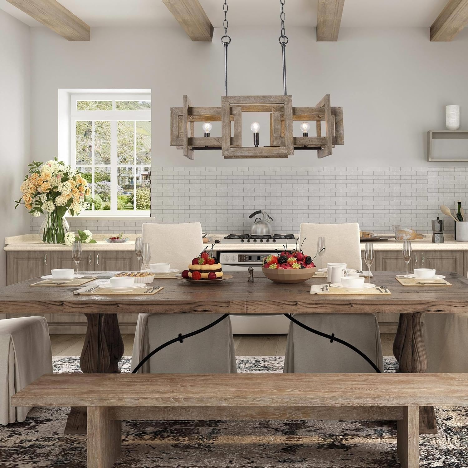 Wood Chandelier, Farmhouse 3-Light Kitchen Island Lighting, 22'' Rectangular Hanging Light Fixtures for Dining Room, Bedroom and Living Room