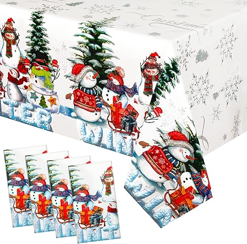 4 piezas de mantel rectangular de muñeco de nieve de Navidad, muérdago, cabaña de muérdago, mantel de plástico impreso, mantel oblongo, impermeable,