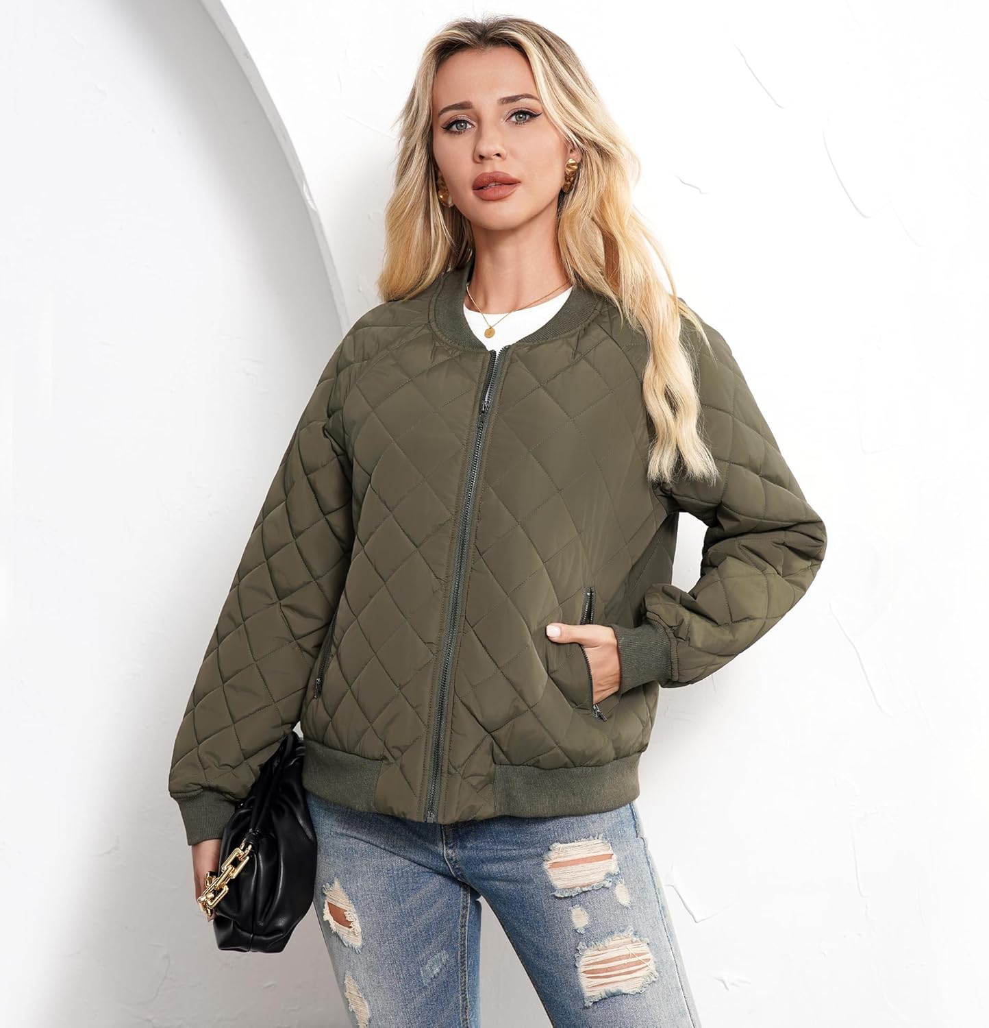 Women's Bomber Jacket - Fashion Quilted Casual Bomber Jakcets Lightweight Zip up Outerwear Jacket with Pockets - Image 5